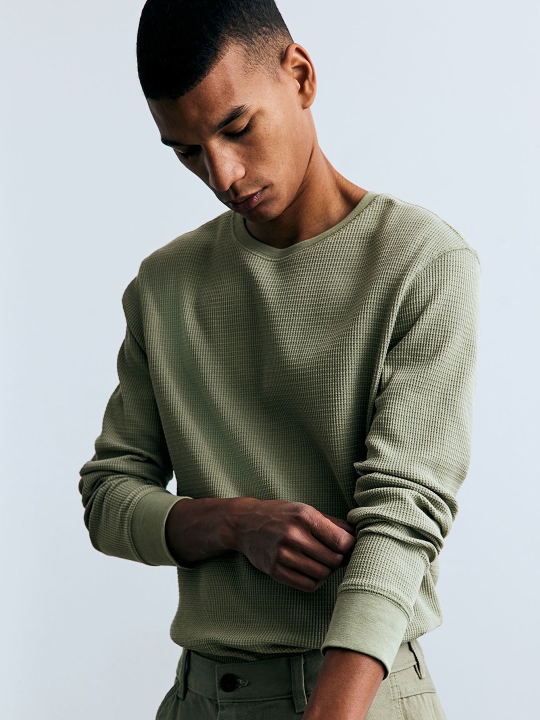 

H&M Slim Fit Waffled Jersey Top, Green
