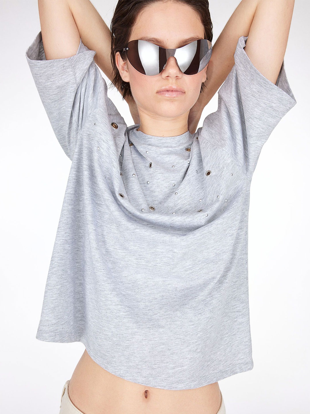 

H&M Women Embellished Loose-Fit T-Shirts, Grey