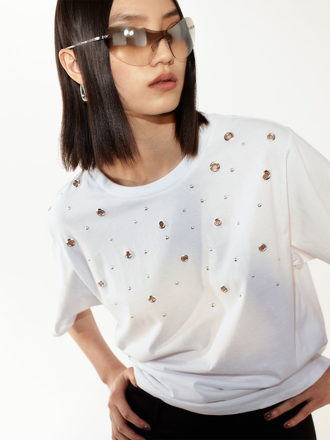 

H&M Women Embellished Pure Cotton T-Shirt, White