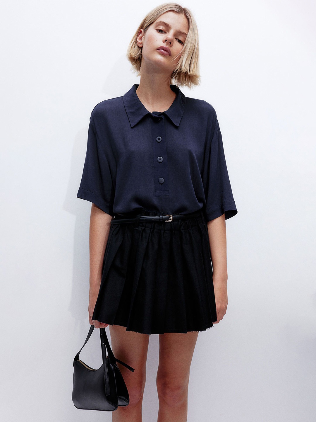 

H&M Sheer Crepe Polo Shirt, Blue
