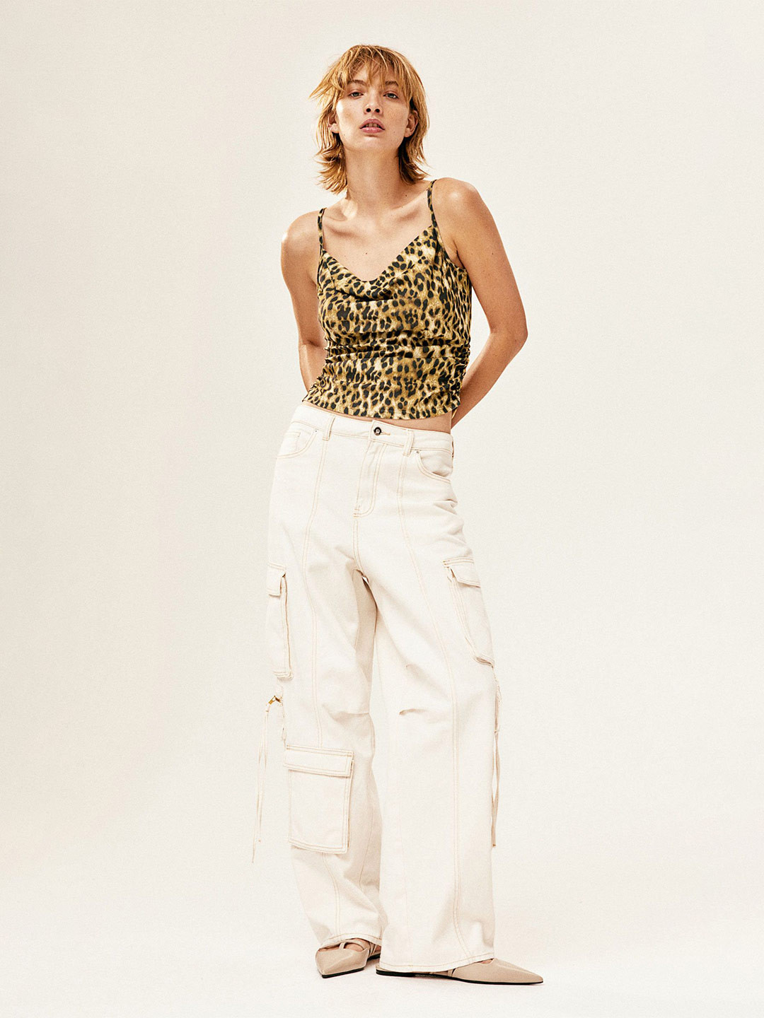 

H&M Printed Cowl-Neck Strappy Top, Beige