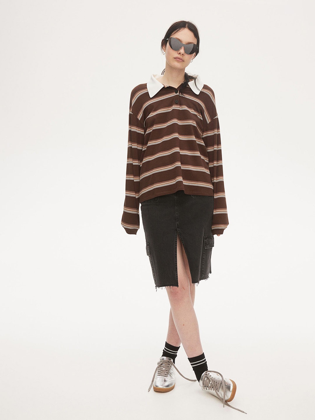

H&M Striped Pure Cotton Polo Shirt, Brown