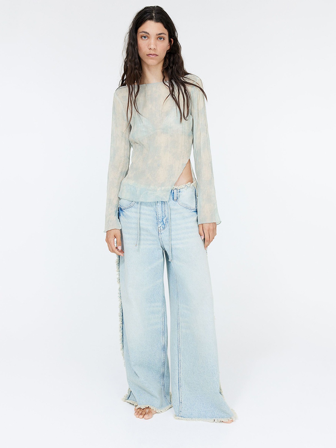 

H&M Overlock-Detail Crinkled Top, Turquoise blue