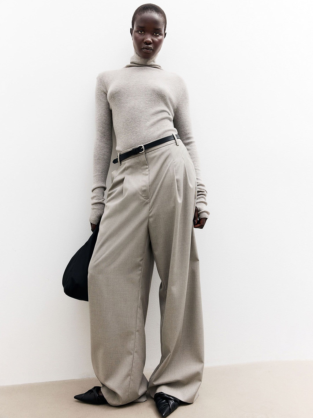 

H&M Women Loose Fit Wide Trousers, Beige