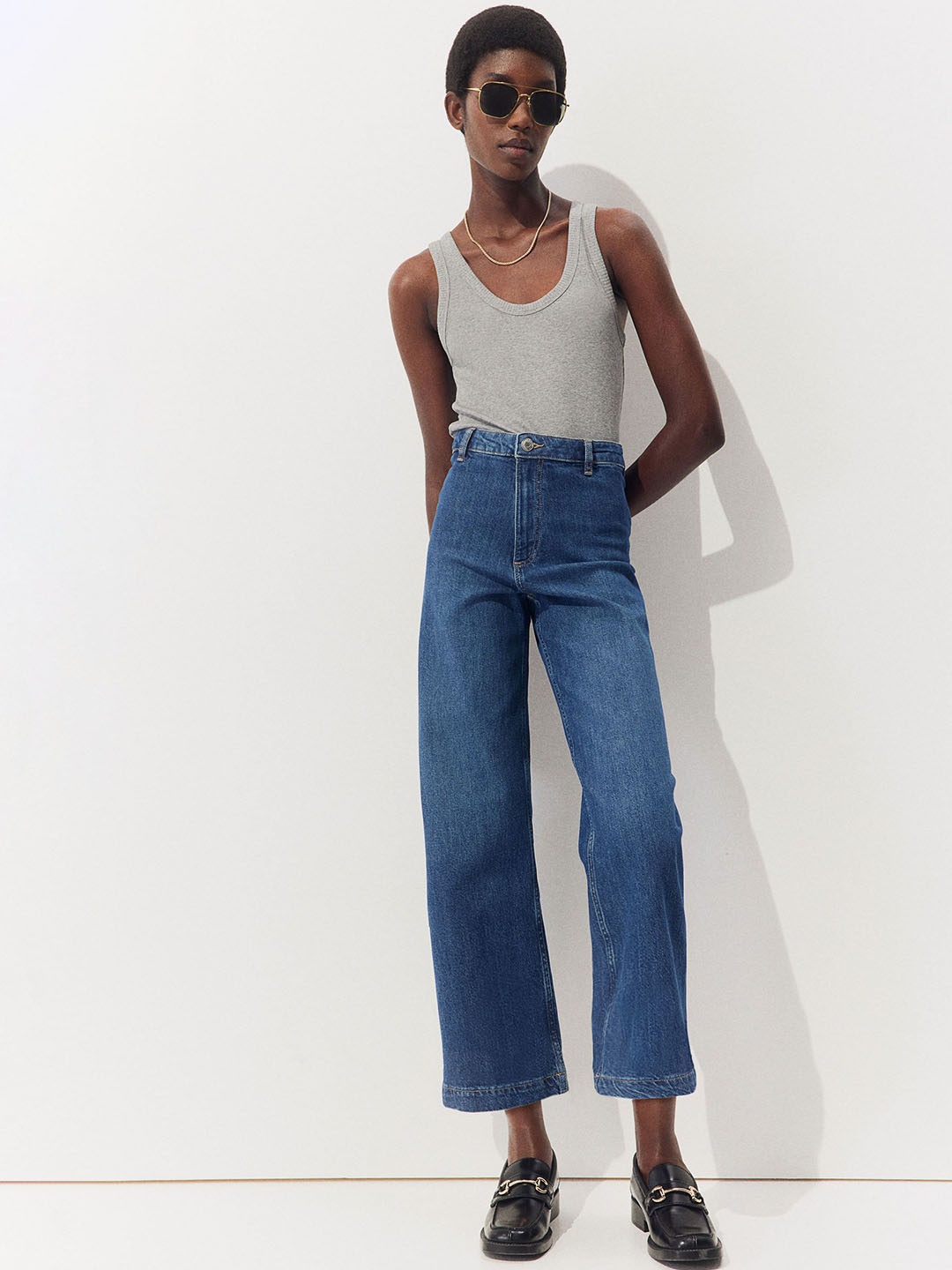 

H&M Women Cropped Twill Trousers, Blue