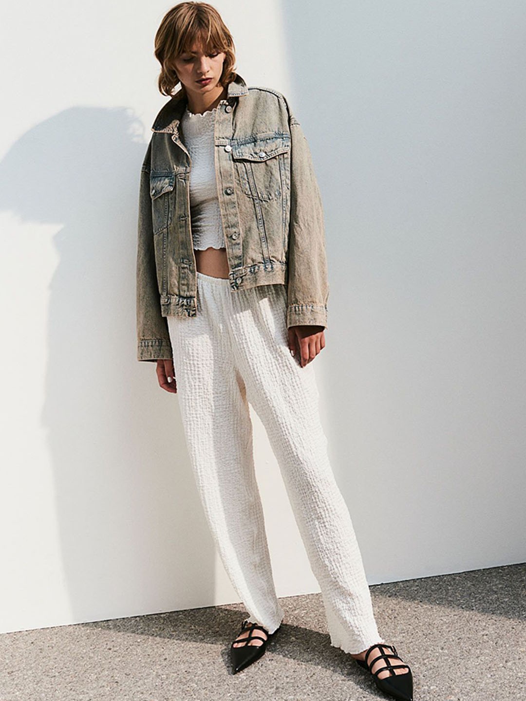 

H&M Women Wide Crinkled Trousers, White