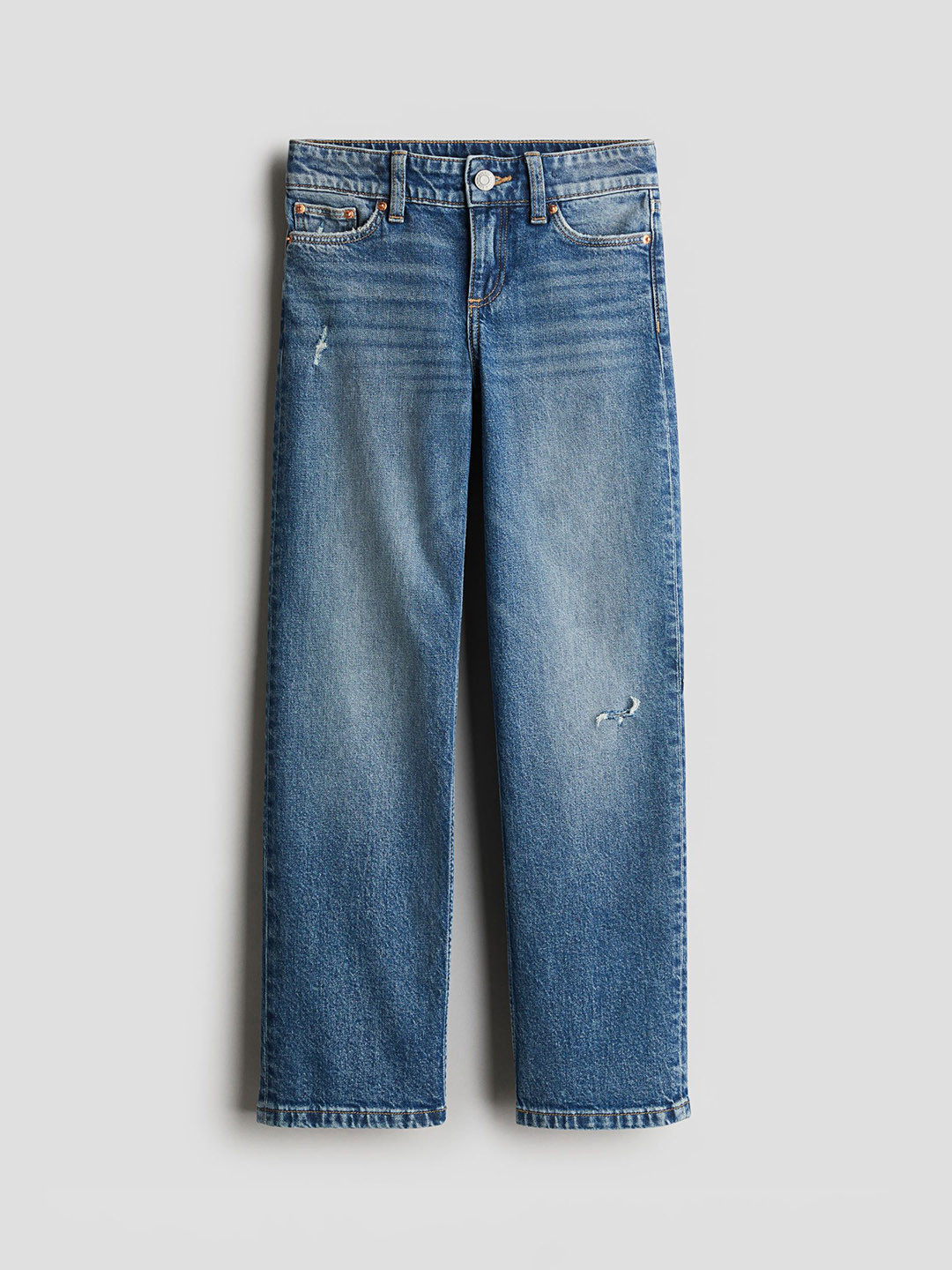 

H&M Girls Mid-Rise Straight Leg Low Distress Jeans, Blue