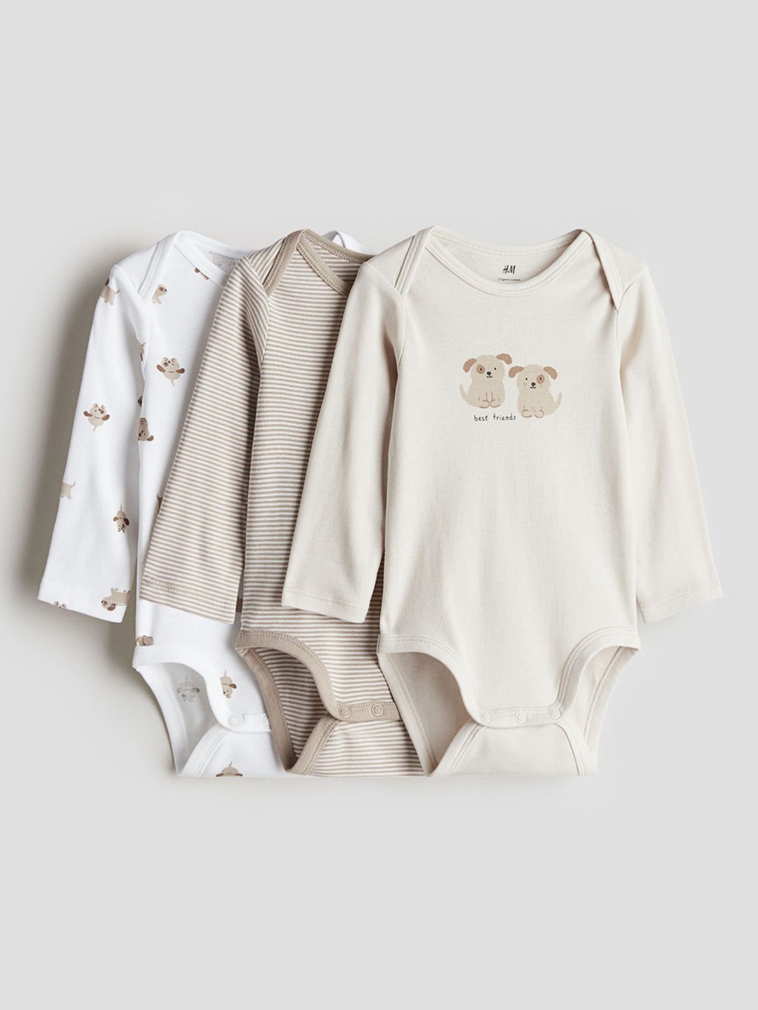 

H&M Boys 3-Pack Long-Sleeved Bodysuits, Beige