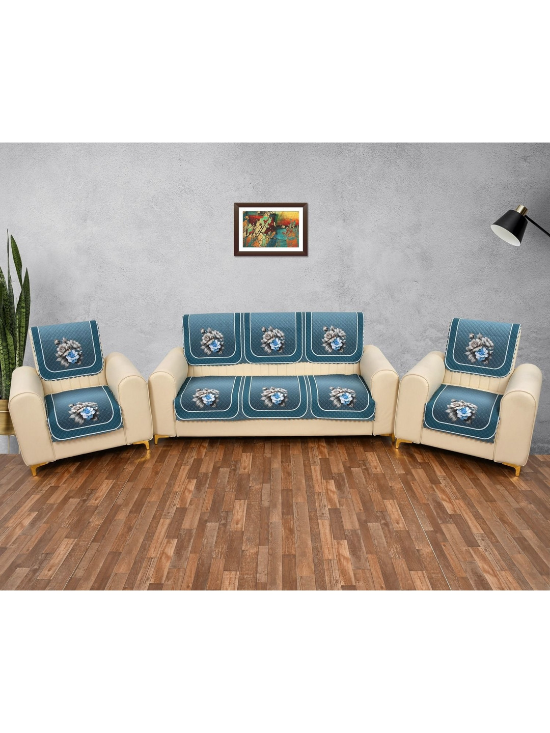 

hargunz Blue & Brown 6 Pieces Printed 3 Seater Velvet Sofa Cover