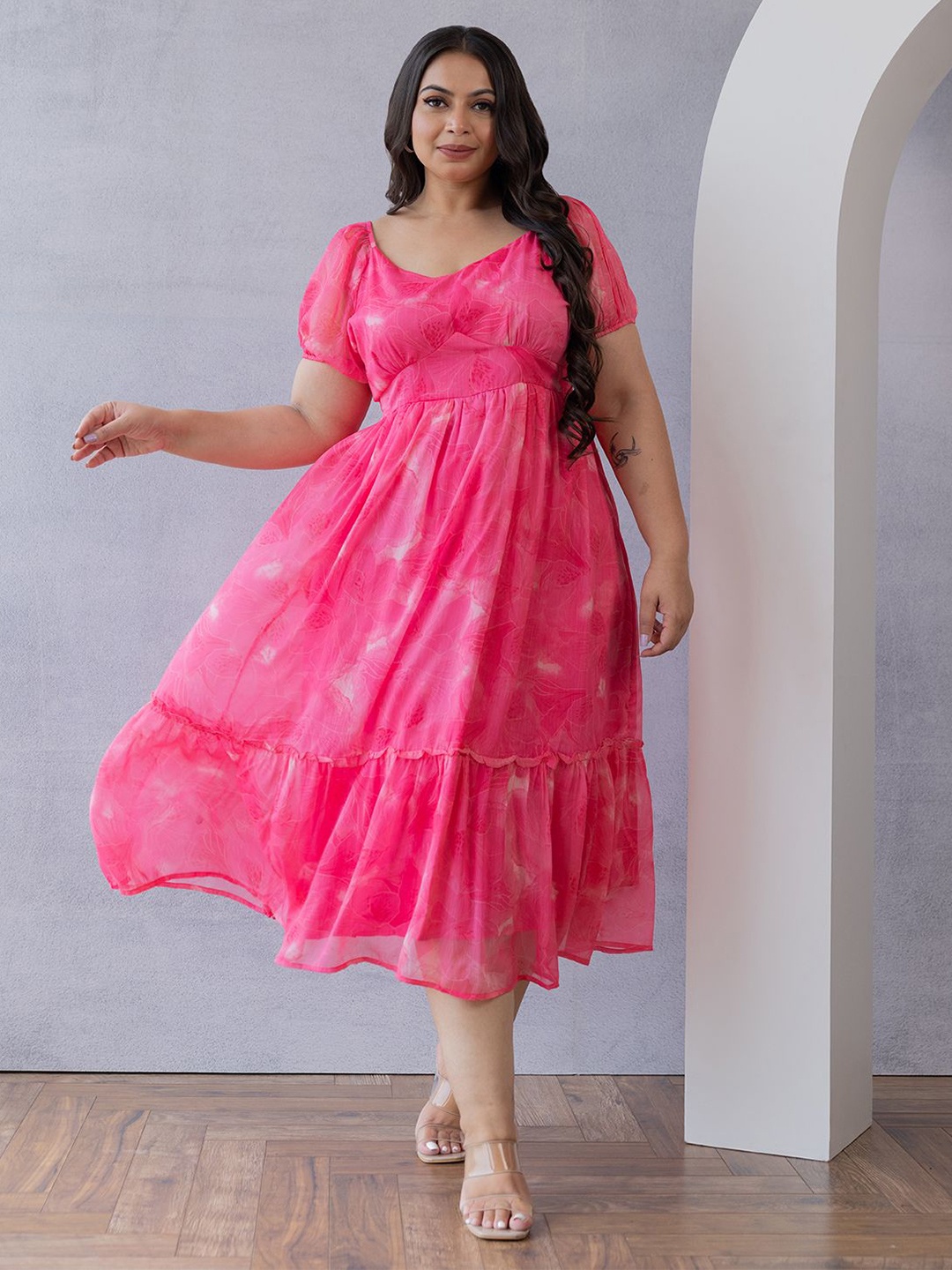 

Polago Clothing Plus Size Floral Printed Puff Sleeve Fit & Flare Midi Dress, Pink