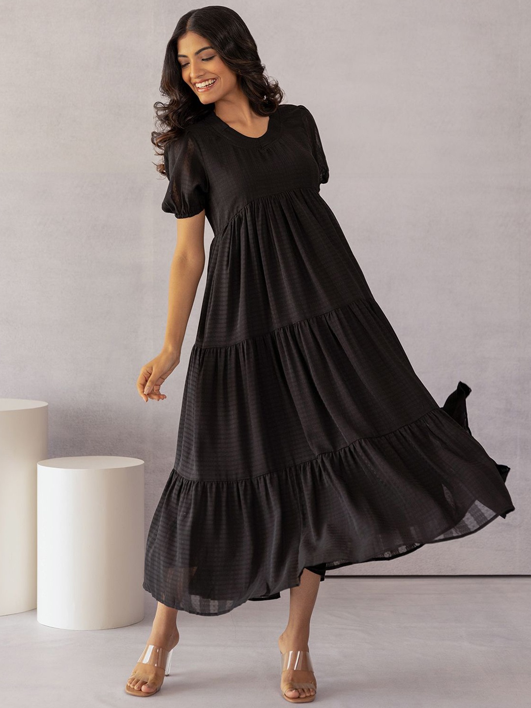 

Polago Clothing Puff Sleeve Fit & Flare Midi Dress, Black