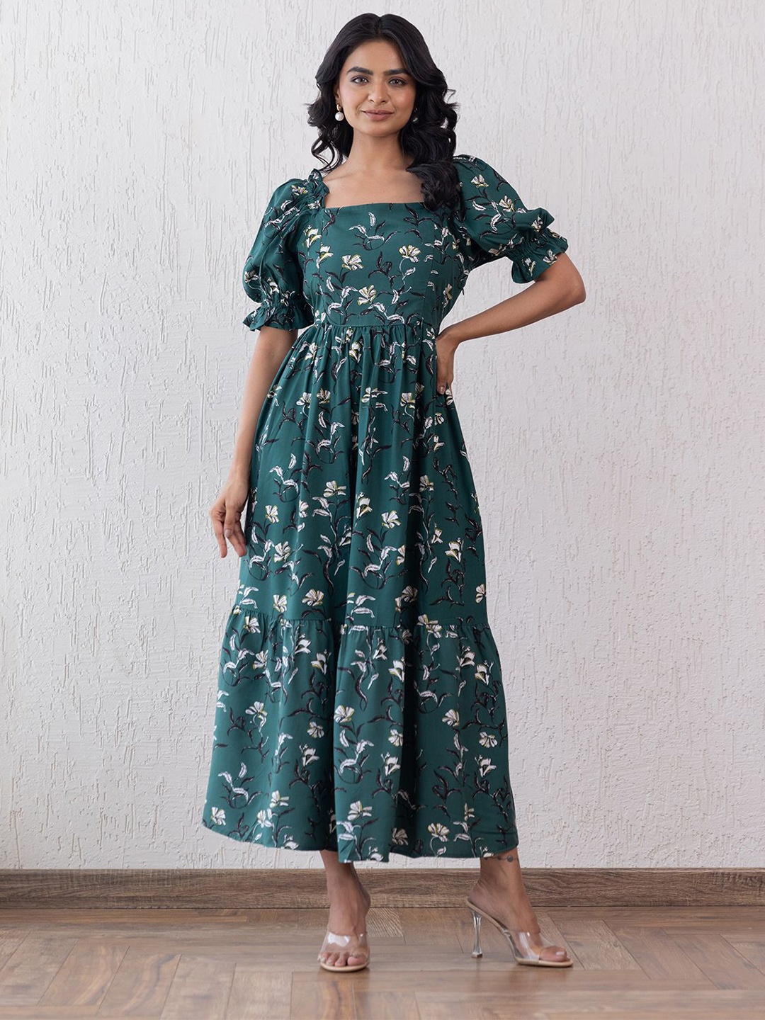 

Polago Clothing Floral Print Puff Sleeve Fit & Flare Maxi Dress, Green