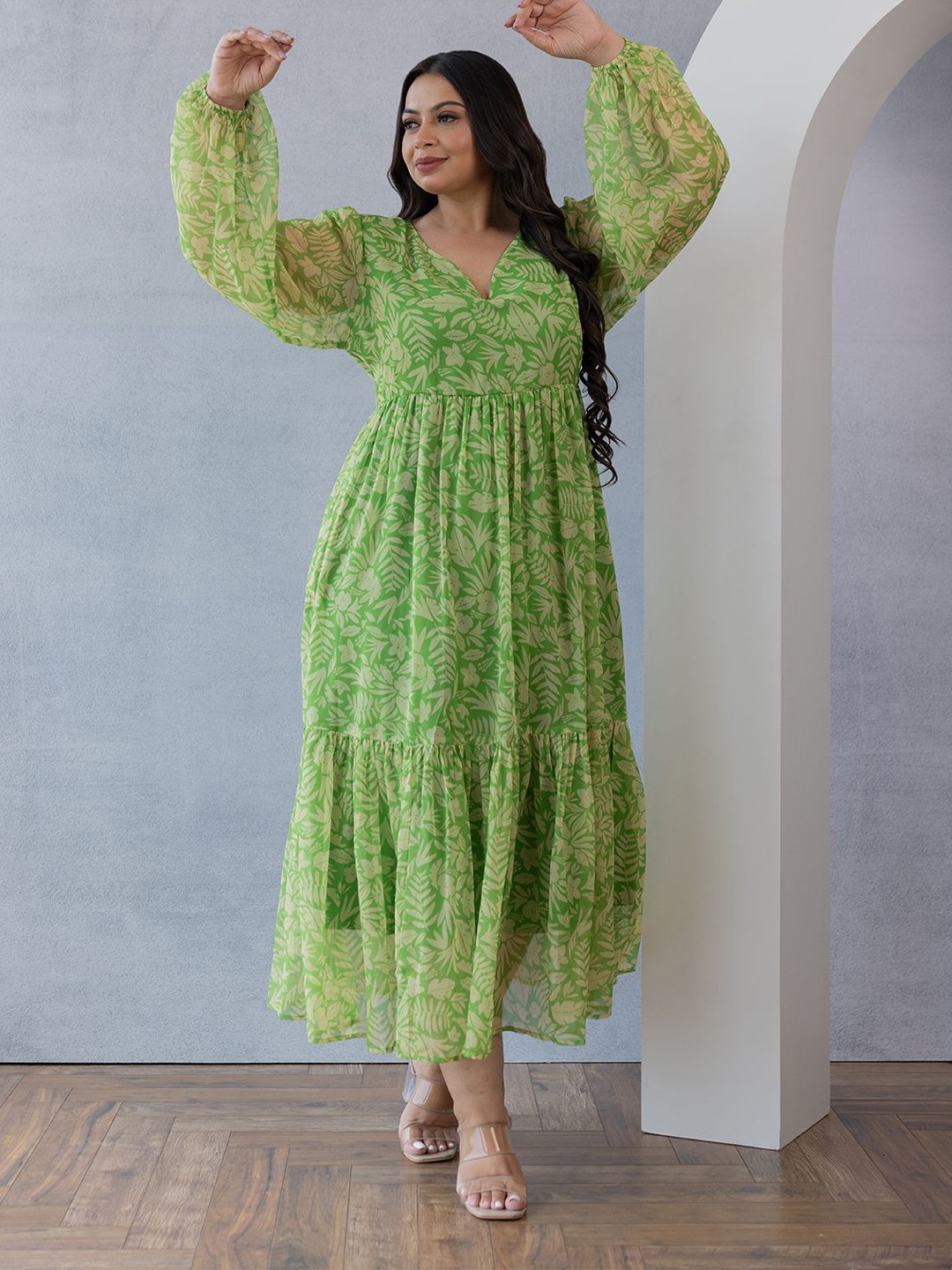 

Polago Clothing Plus Size Floral Print Puff Sleeve Fit & Flare Maxi Dress, Green
