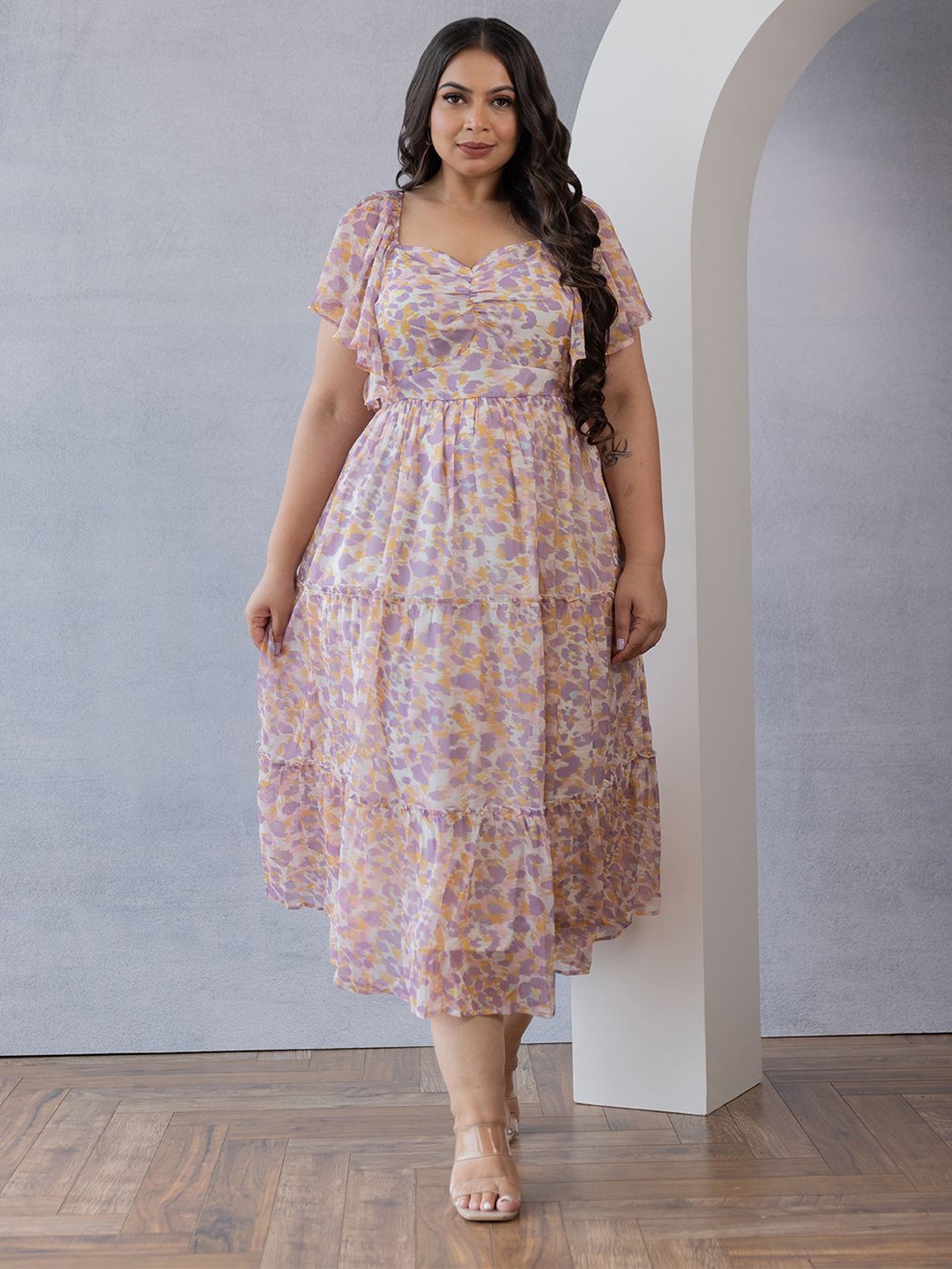 Polago Clothing Plus Size Printed Empire Midi Dress, Beige