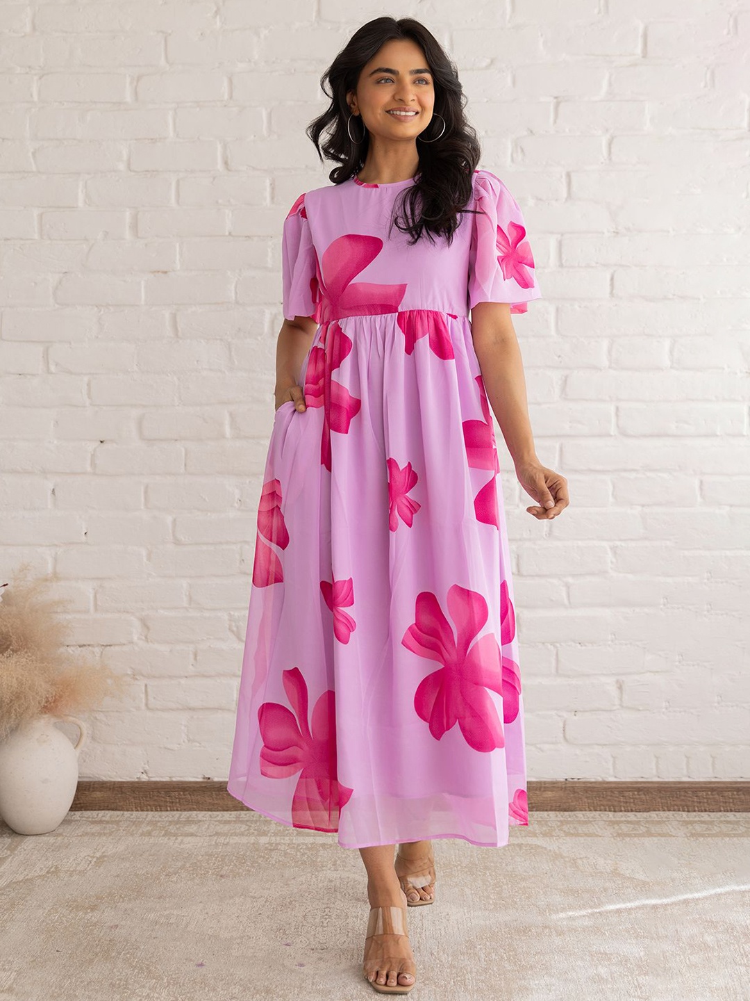 

Polago Clothing Floral Printed Empire Maxi Dress, Pink