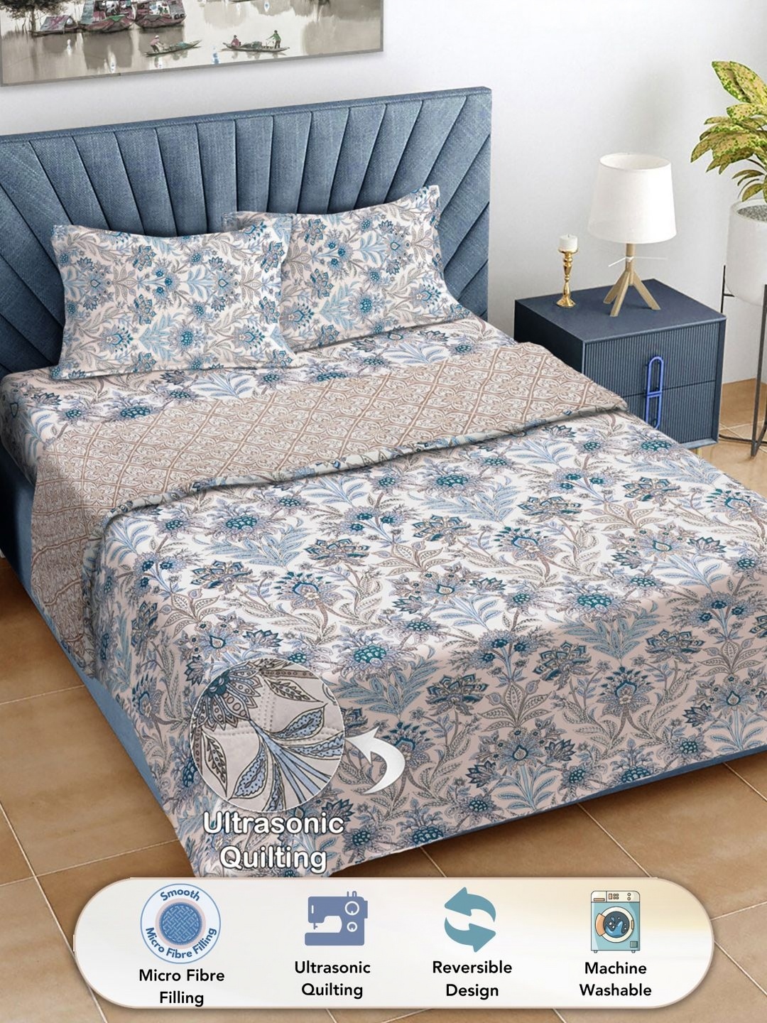 

FABINALIV White & Blue Floral Printed Fine Reversible Double King Bedding Set