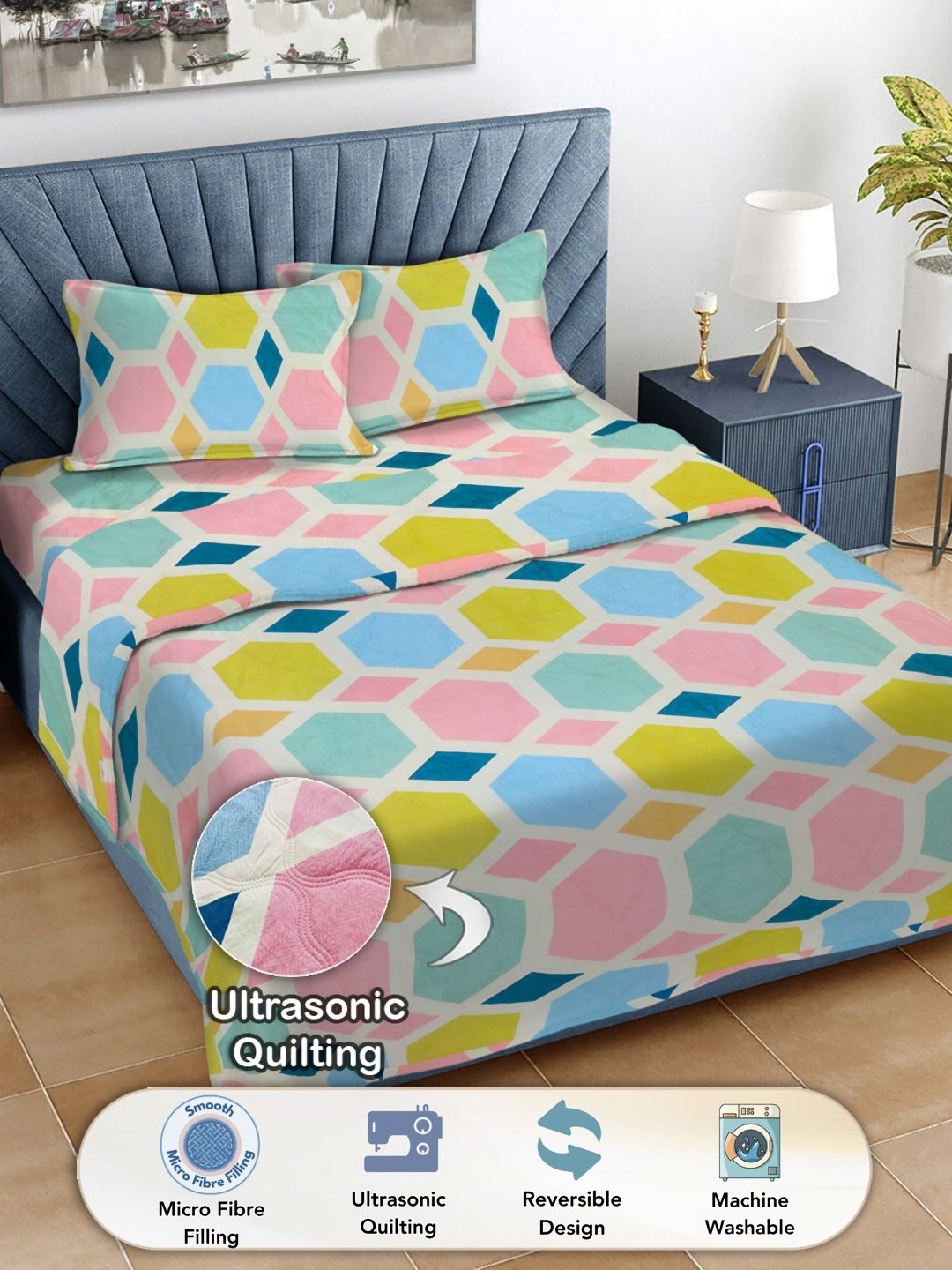 

FABINALIV Blue & Pink Geometric Printed Fine Reversible Double King Bedding Set