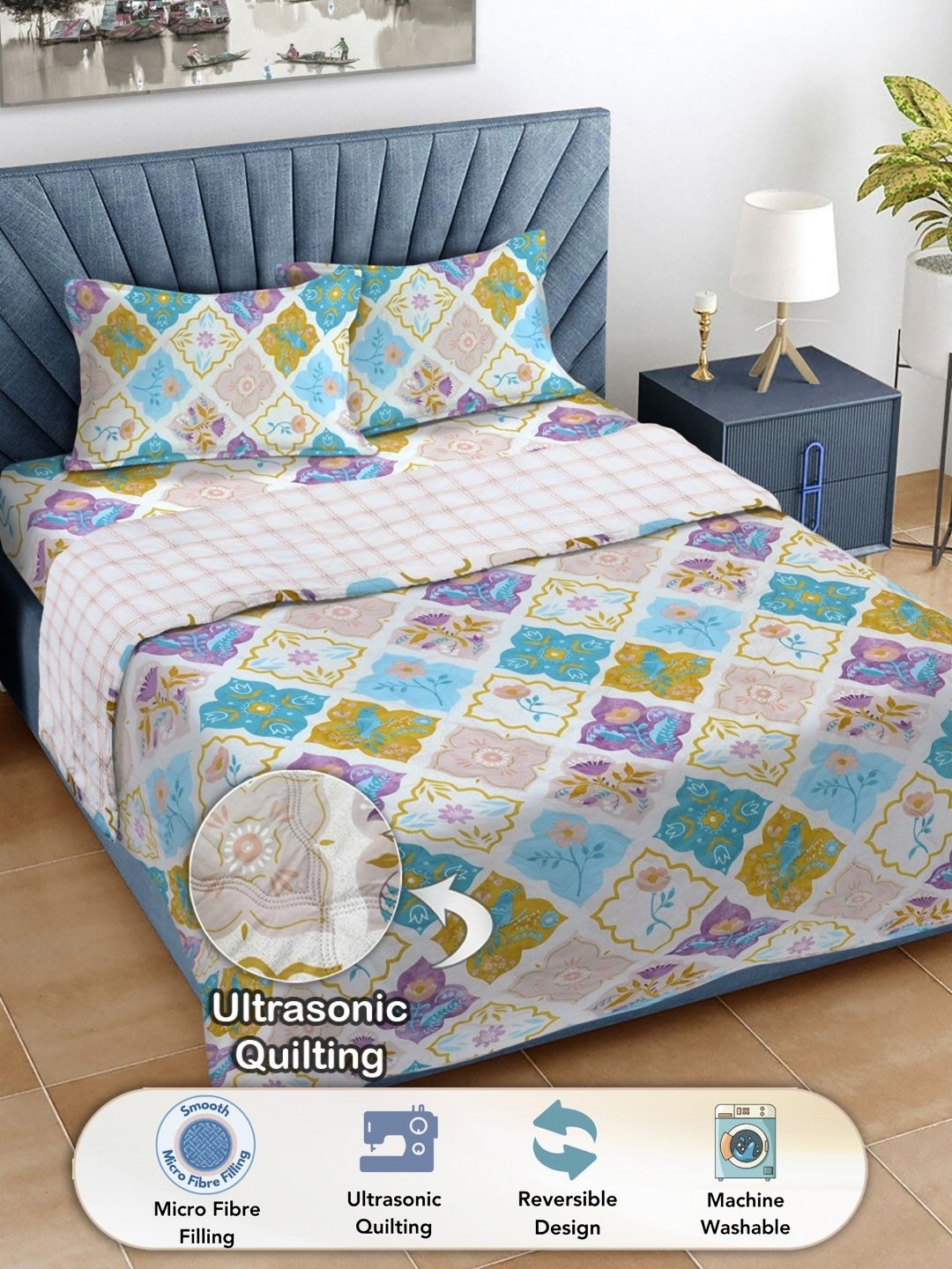 

FABINALIV White & Blue Geometric Printed Fine Reversible Double King Bedding Set