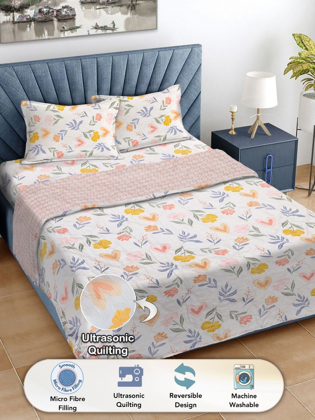 

FABINALIV White & Pink Floral Printed Fine Reversible Double King Bedding Set