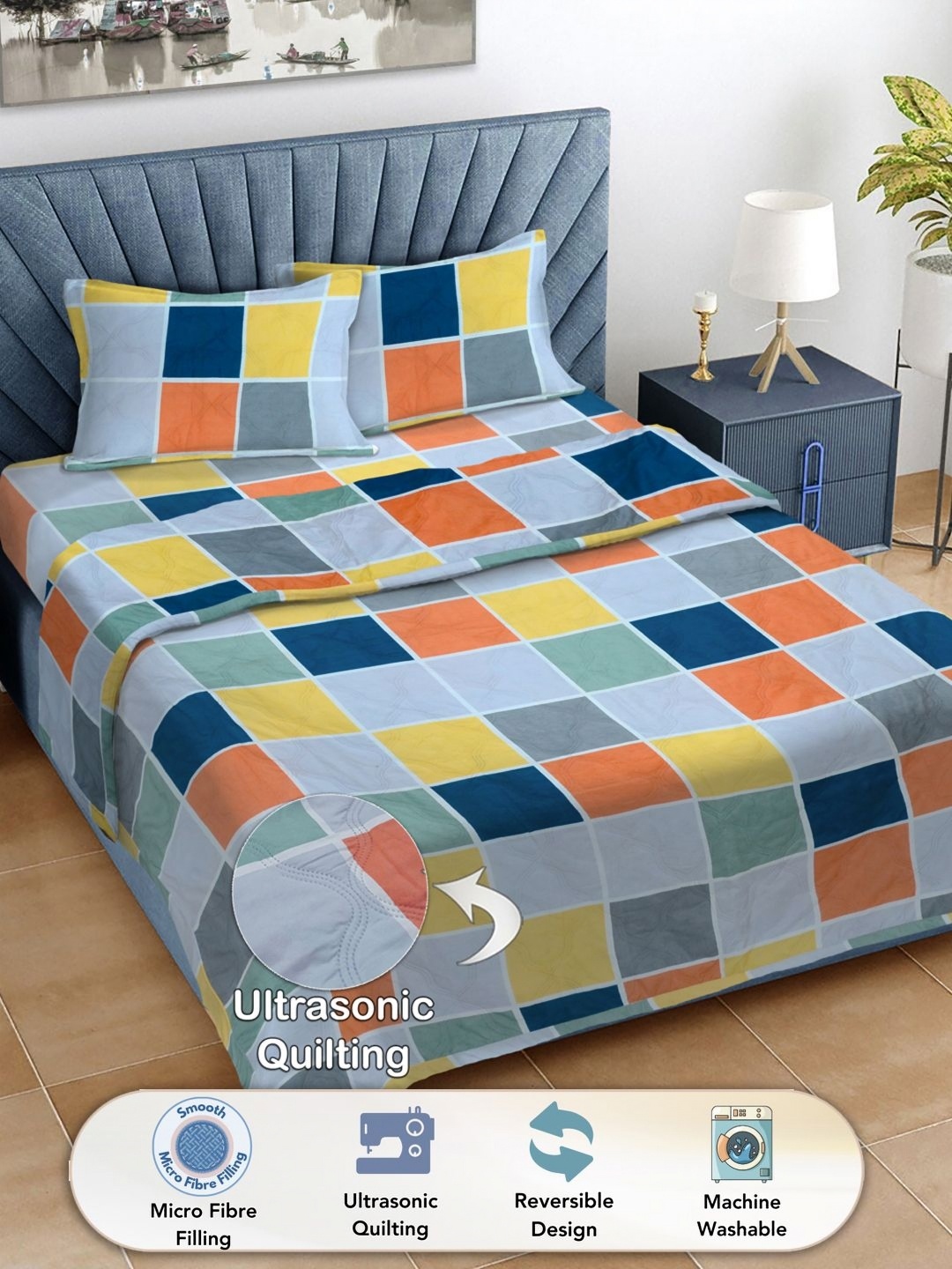 

FABINALIV Blue & Yellow Checked Printed Fine Reversible Double King Bedding Set