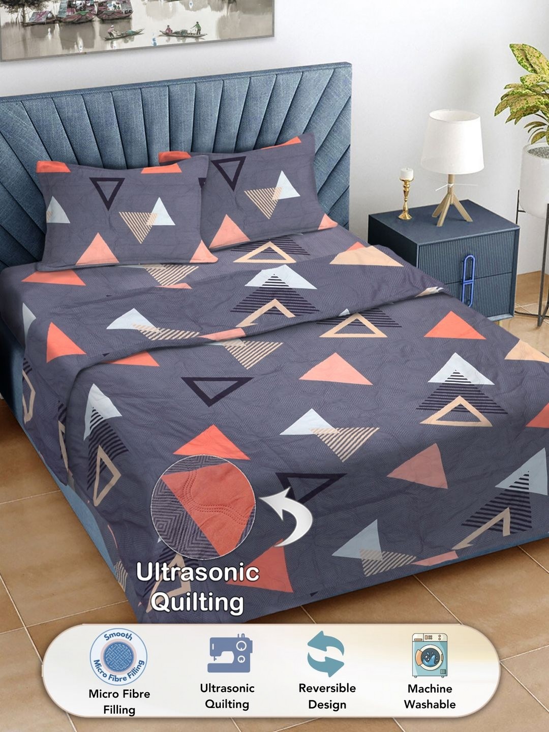 

FABINALIV Grey & Pink Geometric Printed Fine Reversible Double King Bedding Set