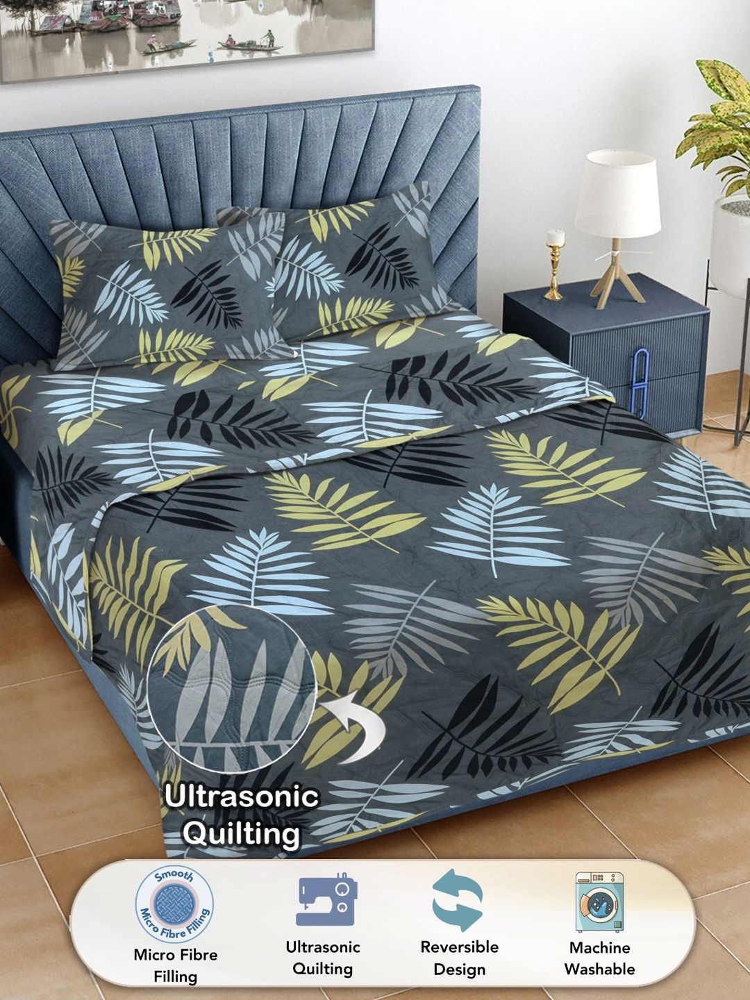 

FABINALIV Grey & Yellow Floral Printed Fine Reversible Double King Bedding Set