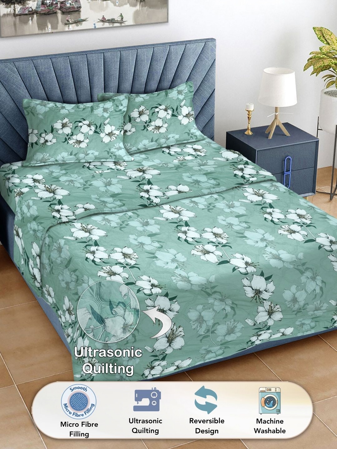 

FABINALIV Green & White Floral Printed Superfine Reversible Double King Bedding Set