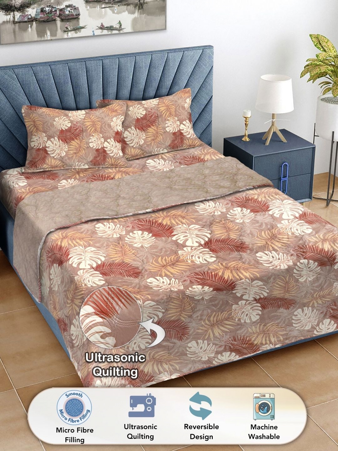 

FABINALIV Brown & Beige Floral Printed Fine Reversible Double King Bedding Set