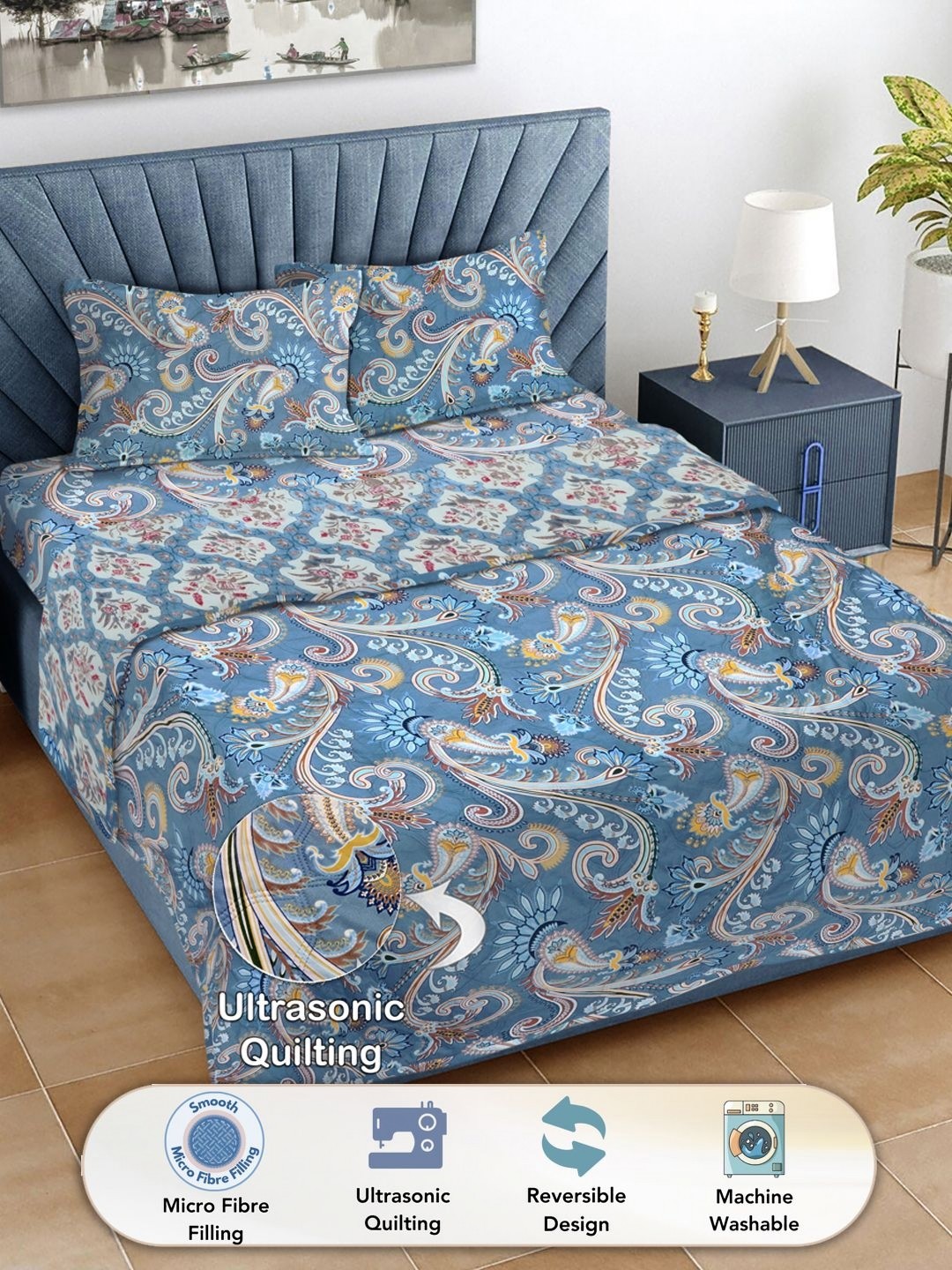 

FABINALIV Blue & Yellow Floral Printed Fine Reversible Double King Bedding Set