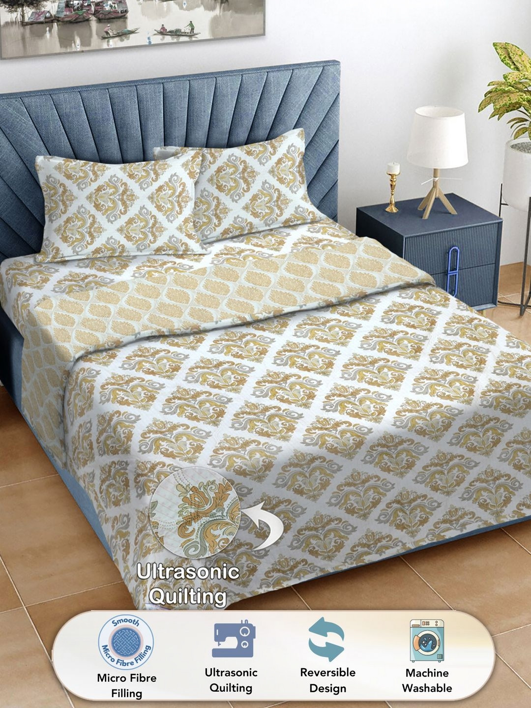 

FABINALIV White & Brown Ethnic Motifs Printed Fine Reversible Double King Bedding Set
