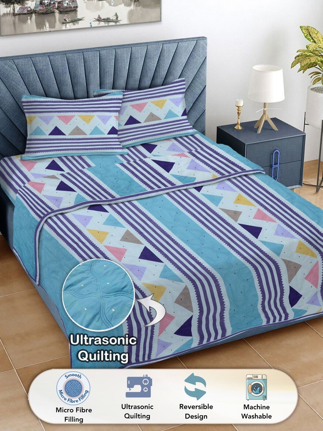 

FABINALIV Blue & Purple Geometric Printed Fine Reversible Double King Bedding Set