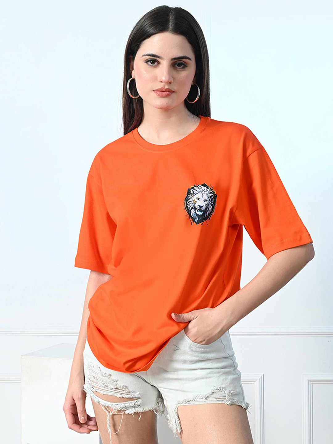 

FITINC Women Printed Hooded Bio Finish Raw Edge T-shirt, Orange