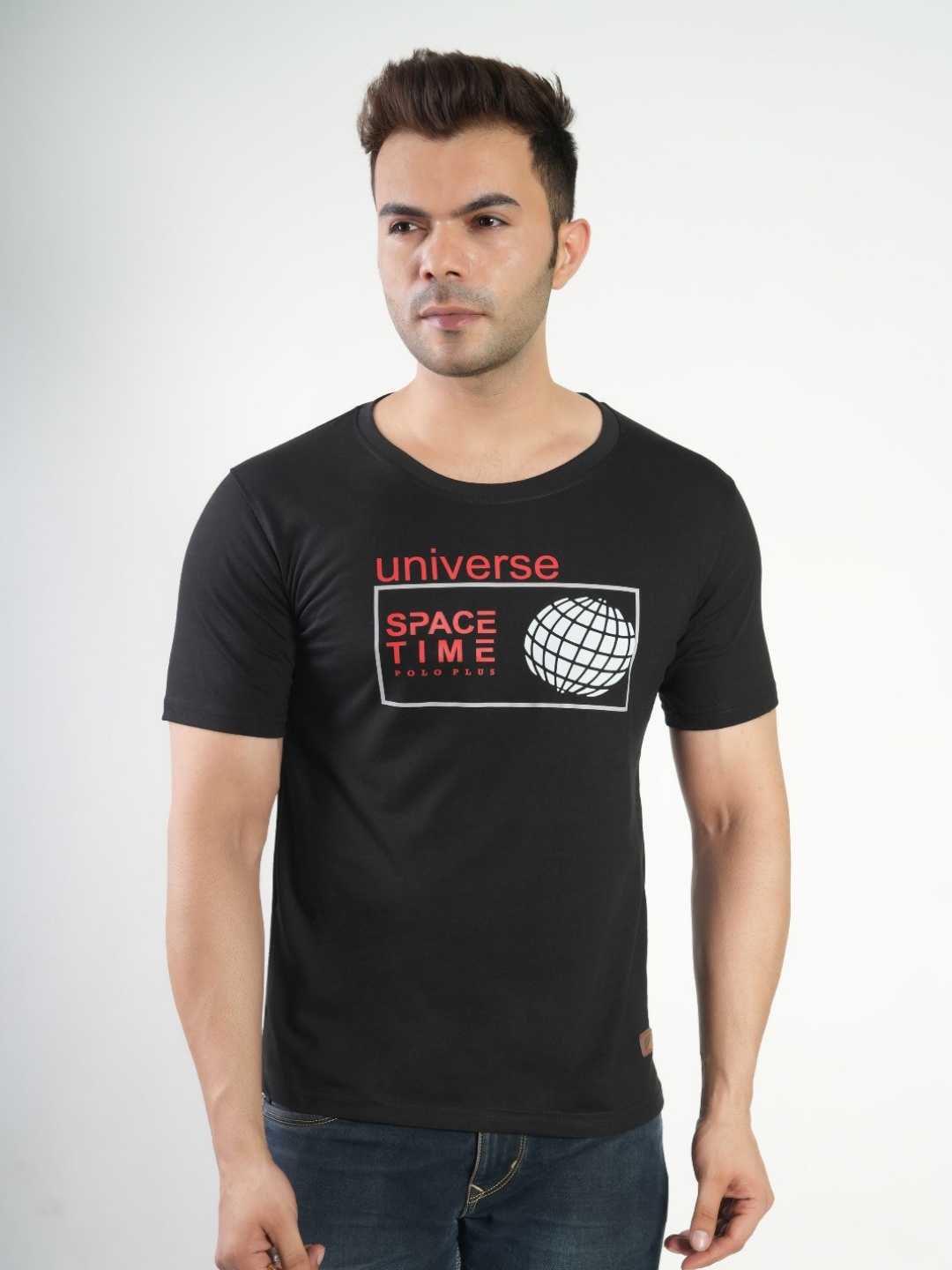Polo Plus Men Graphic Printed Round Neck Cotton T-Shirt, Black
