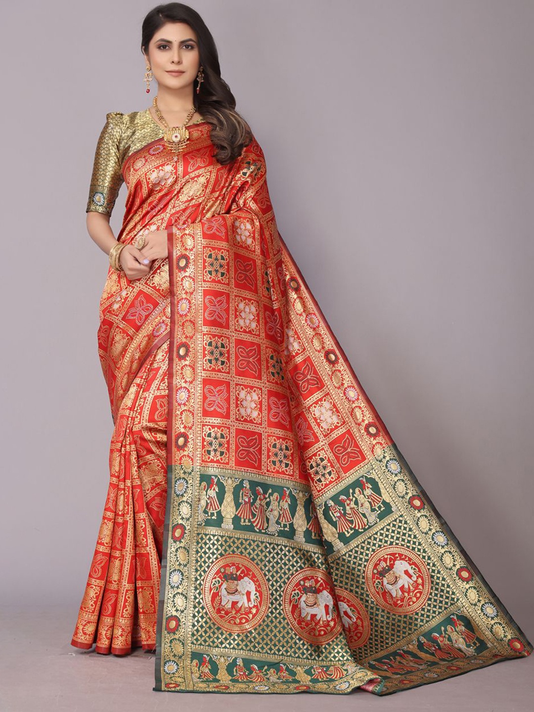 

PERFECT WEAR Ethnic Motifs Zari Woven Patola Saree, Red