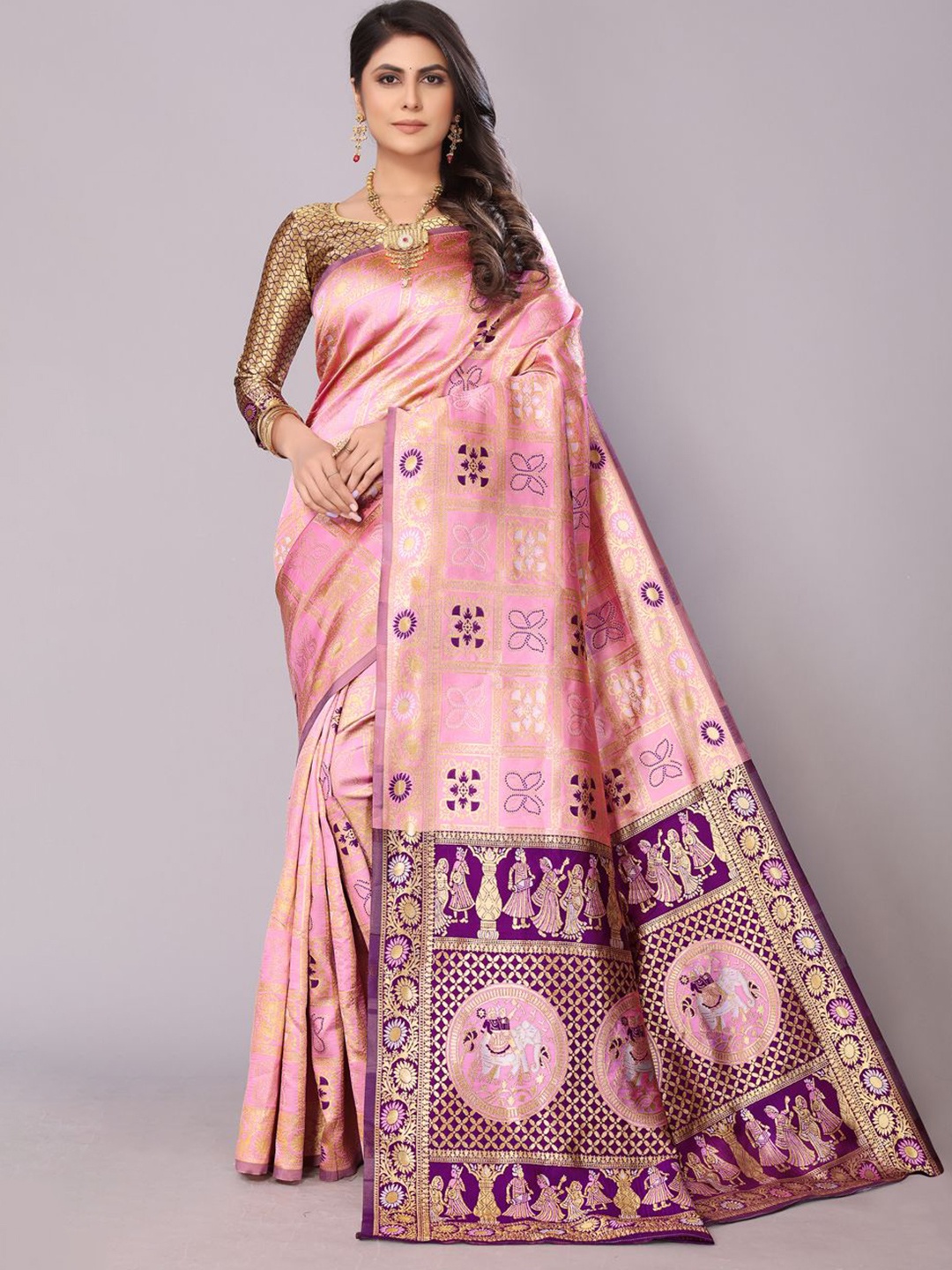 

PERFECT WEAR Ethnic Motifs Zari Woven Patola Saree, Pink