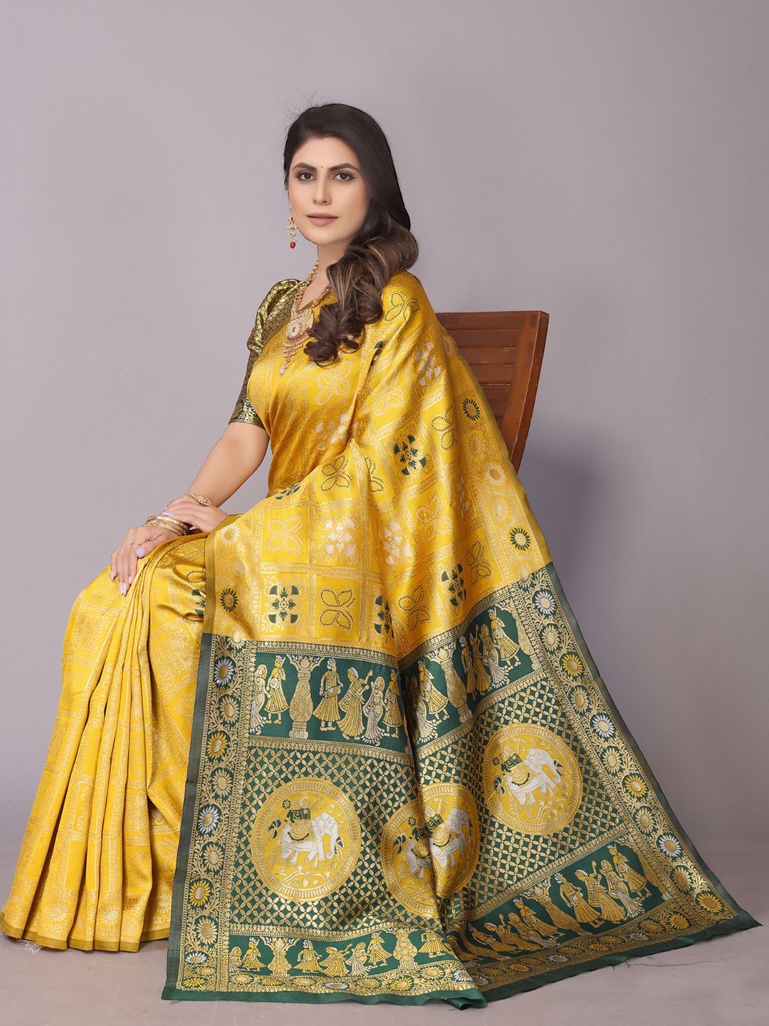 

PERFECT WEAR Ethnic Motifs Zari Woven Patola Saree, Yellow