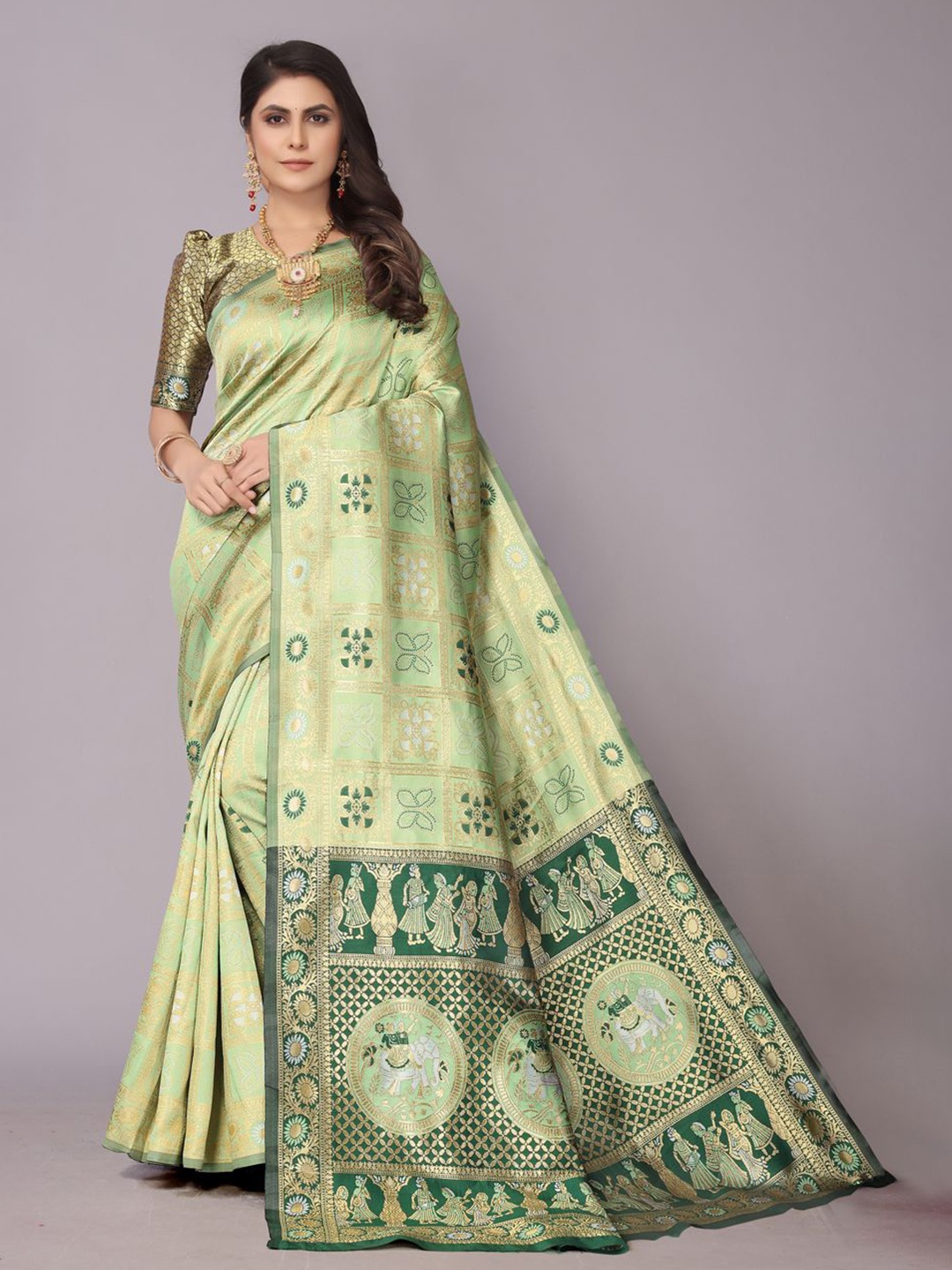 

PERFECT WEAR Ethnic Motifs Zari Woven Patola Saree, Olive