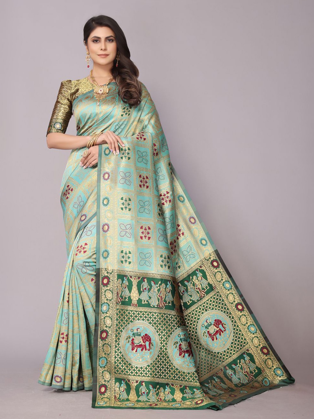

PERFECT WEAR Ethnic Motifs Zari Woven Patola Saree, Sea green