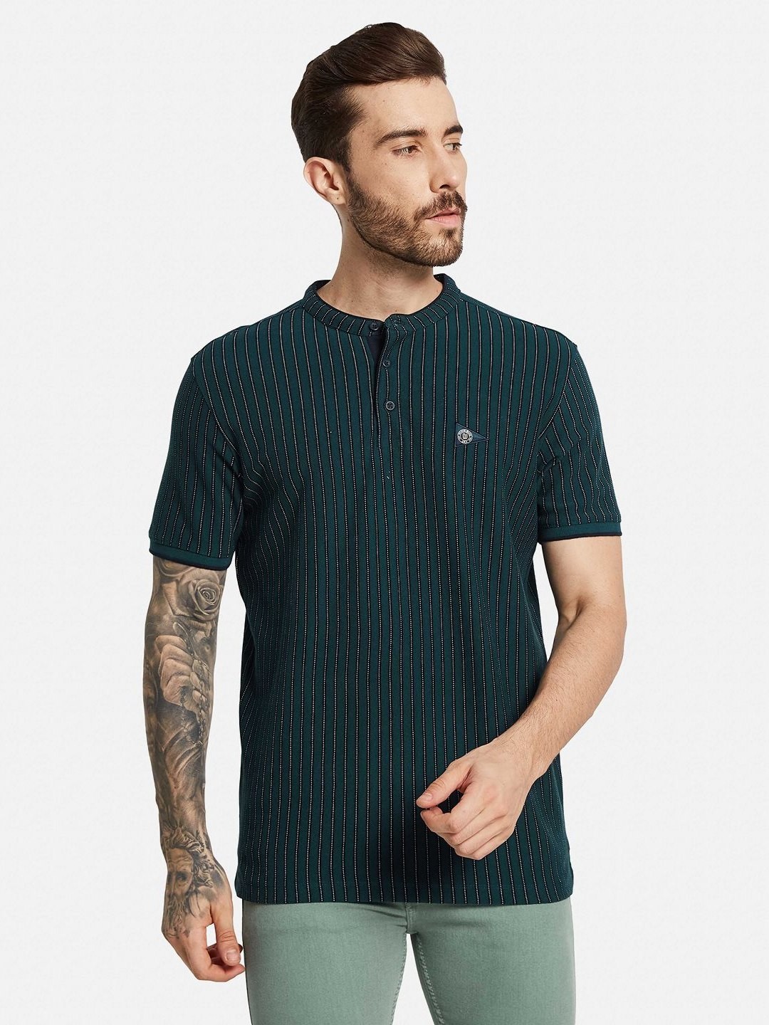 

Octave Men Mandarin Collar Striped T-shirt, Green