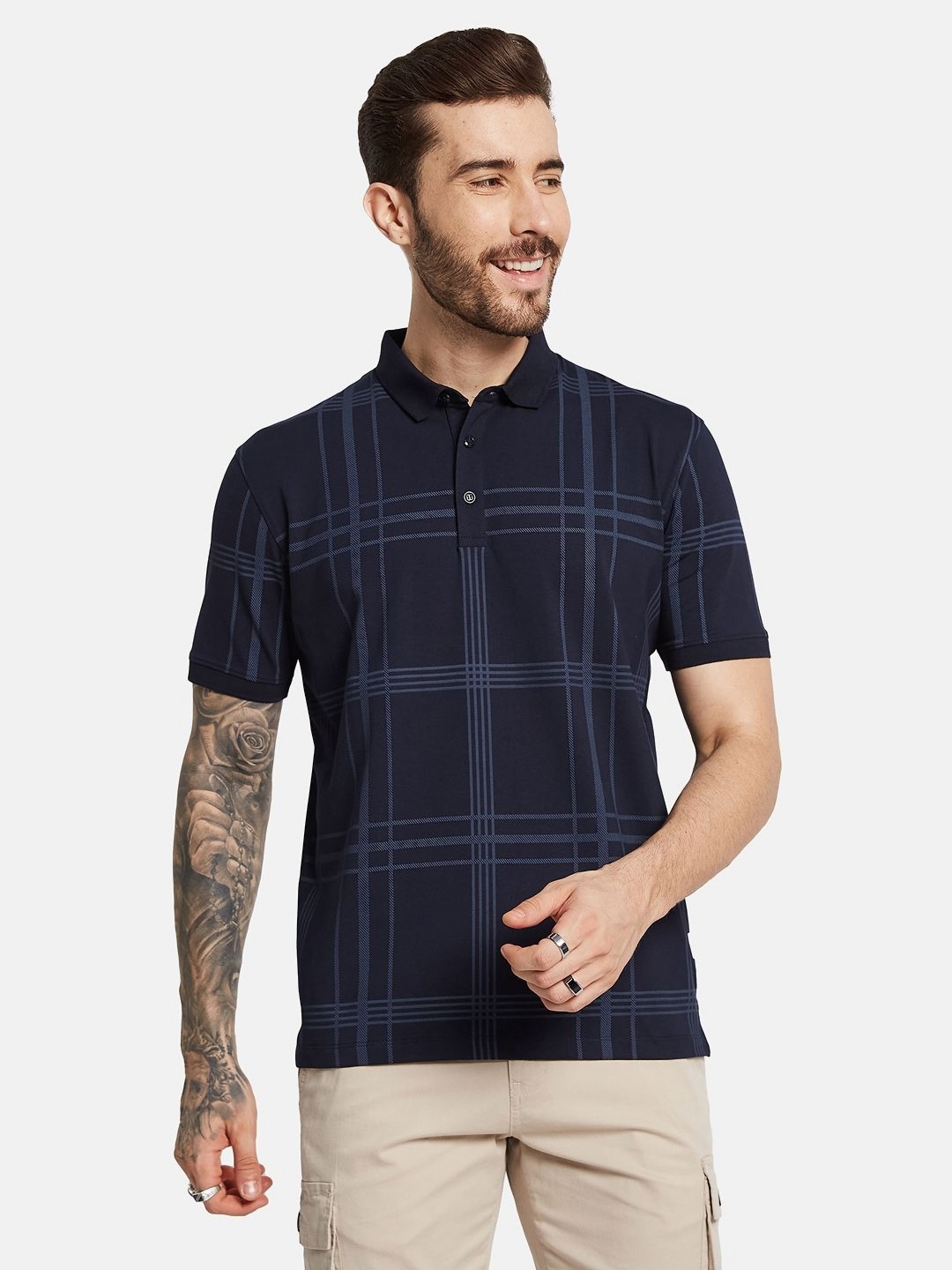 

Octave Men Checked Polo Collar T-shirt, Navy blue