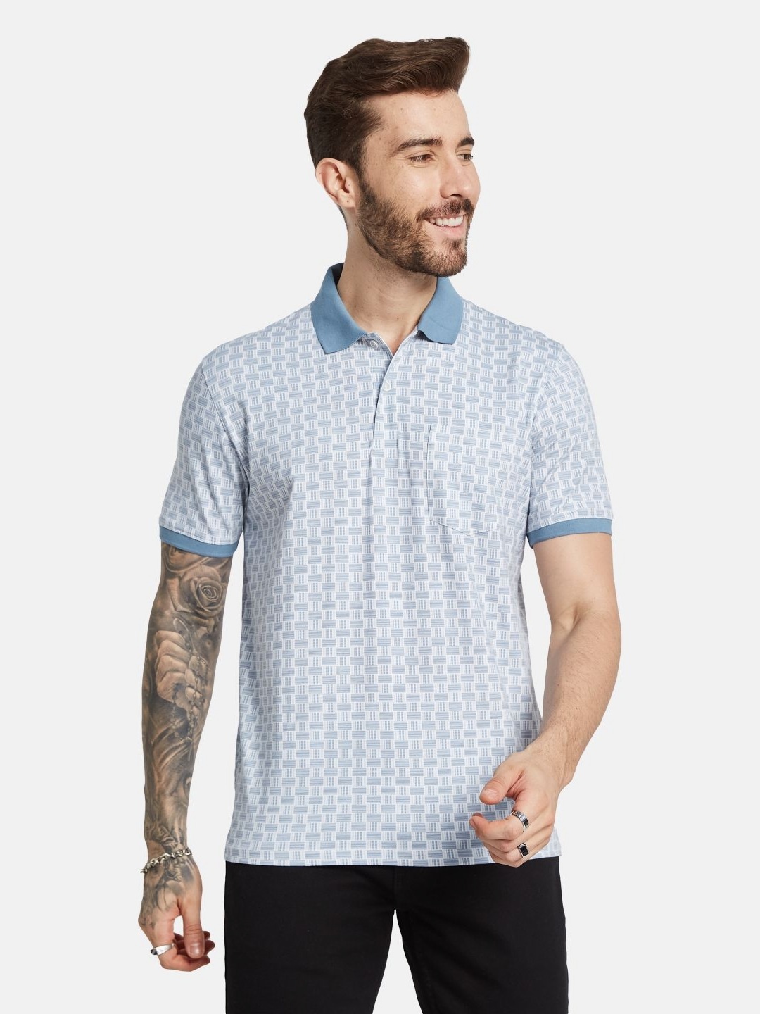 

Octave Men Abstract Printed Polo Collar Pocket T-shirt, Blue