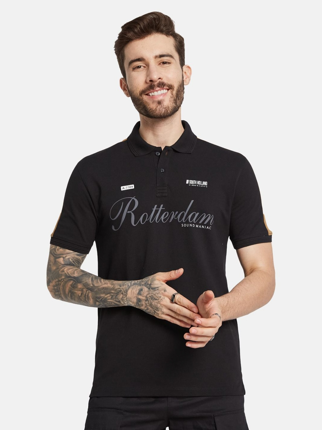 

Octave Men Typography Printed Polo Collar T-shirt, Black