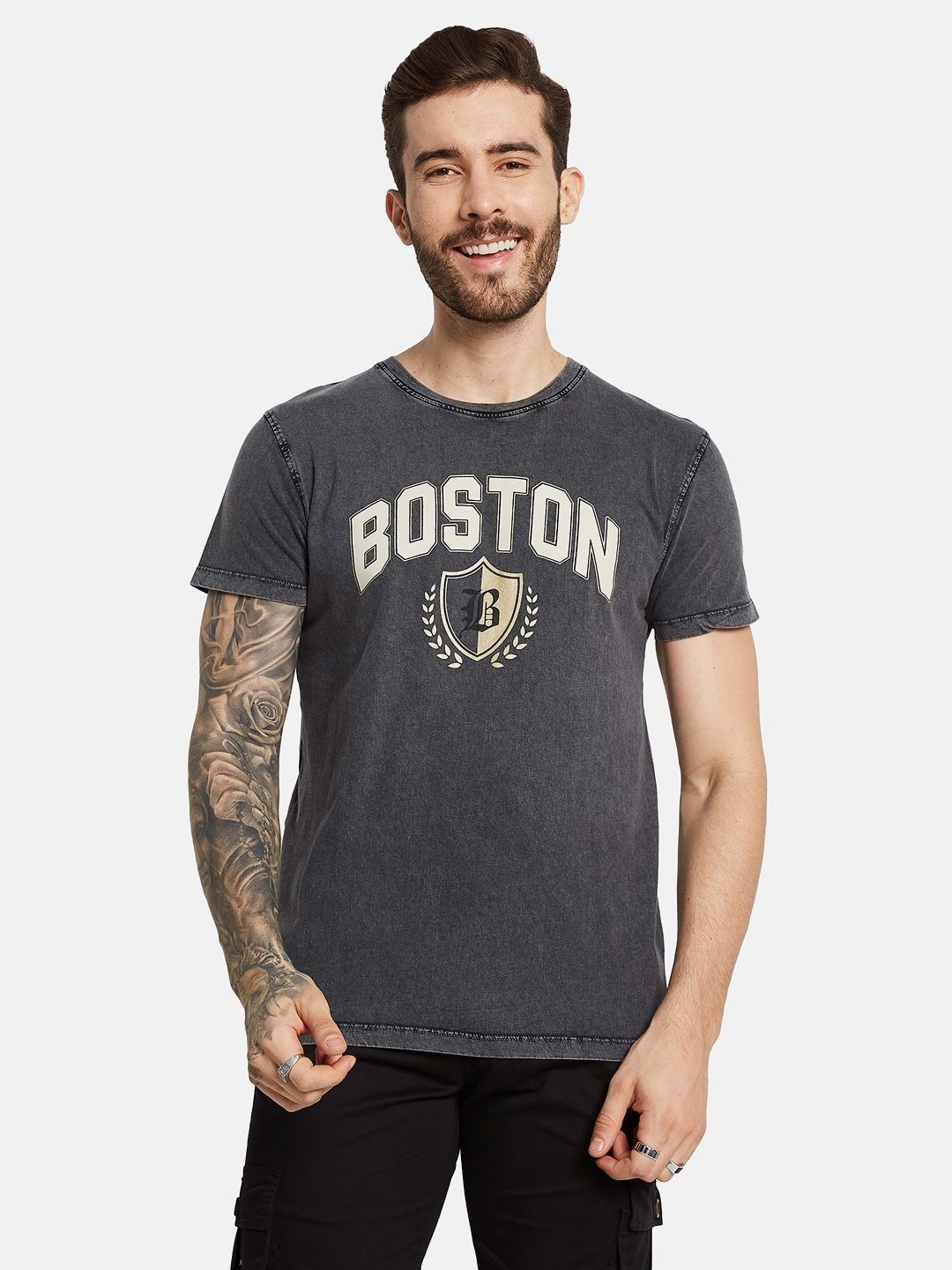

Octave Men Typography Printed Round neck T-shirt, Charcoal