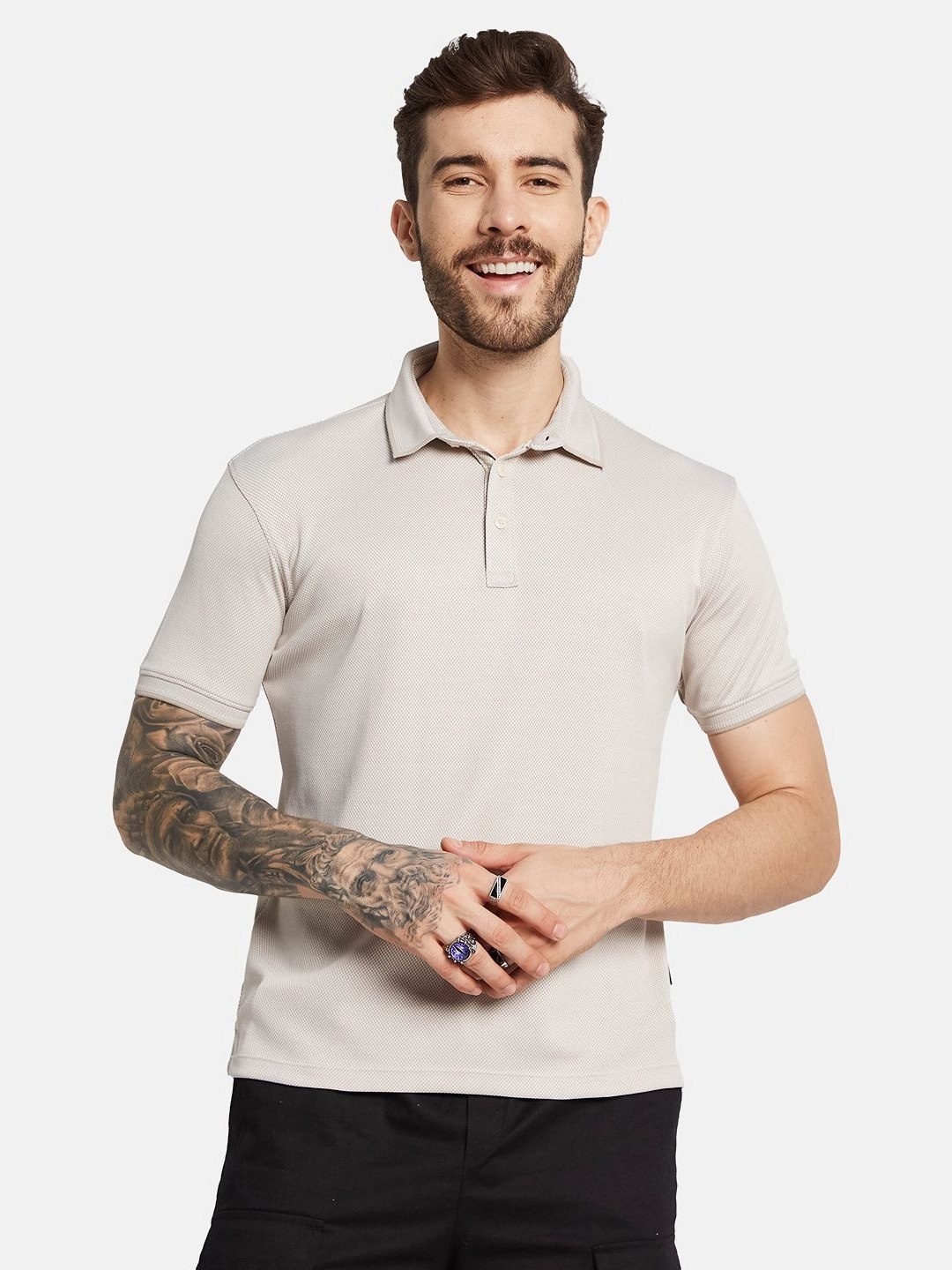

Octave Men Solid Self Design Polo Collar T-shirt, Tan
