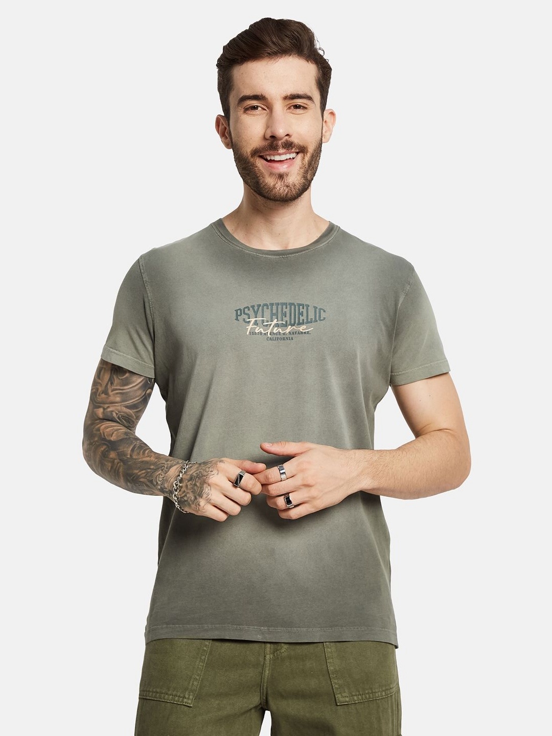Octave Men Typography Printed Round Neck T-shirt, Olive