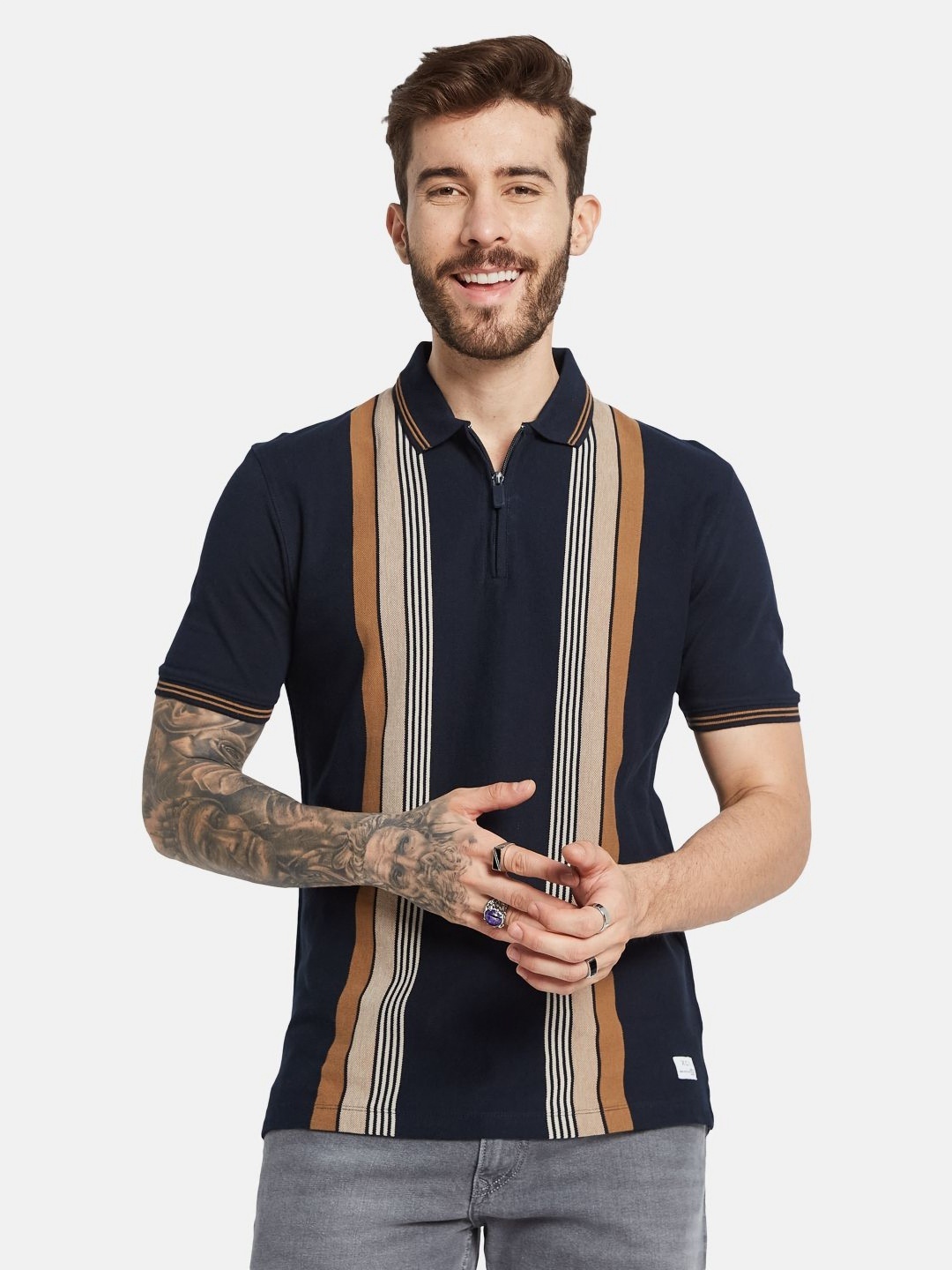 

Octave Men Striped Polo Collar T-shirt, Navy blue