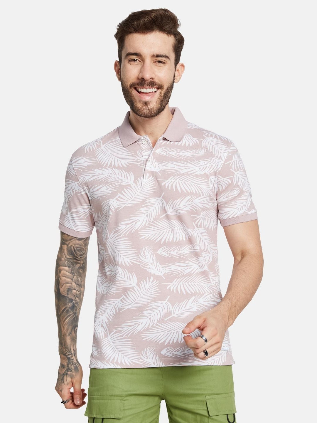

Octave Men Floral Printed Polo Collar Tropical T-shirt, Pink
