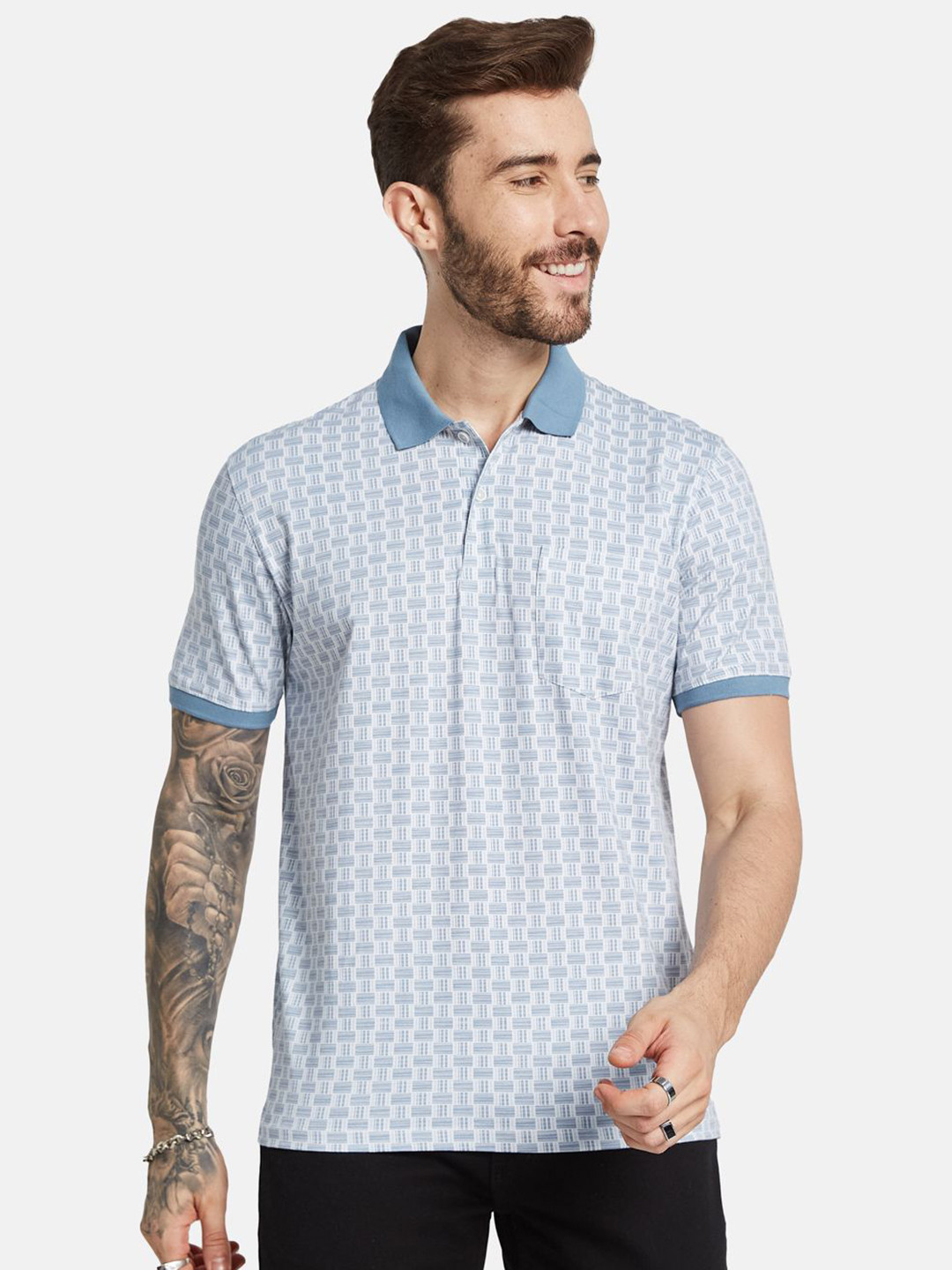 

Octave Men Abstract Printed Polo Collar Pocket T-shirt, Blue