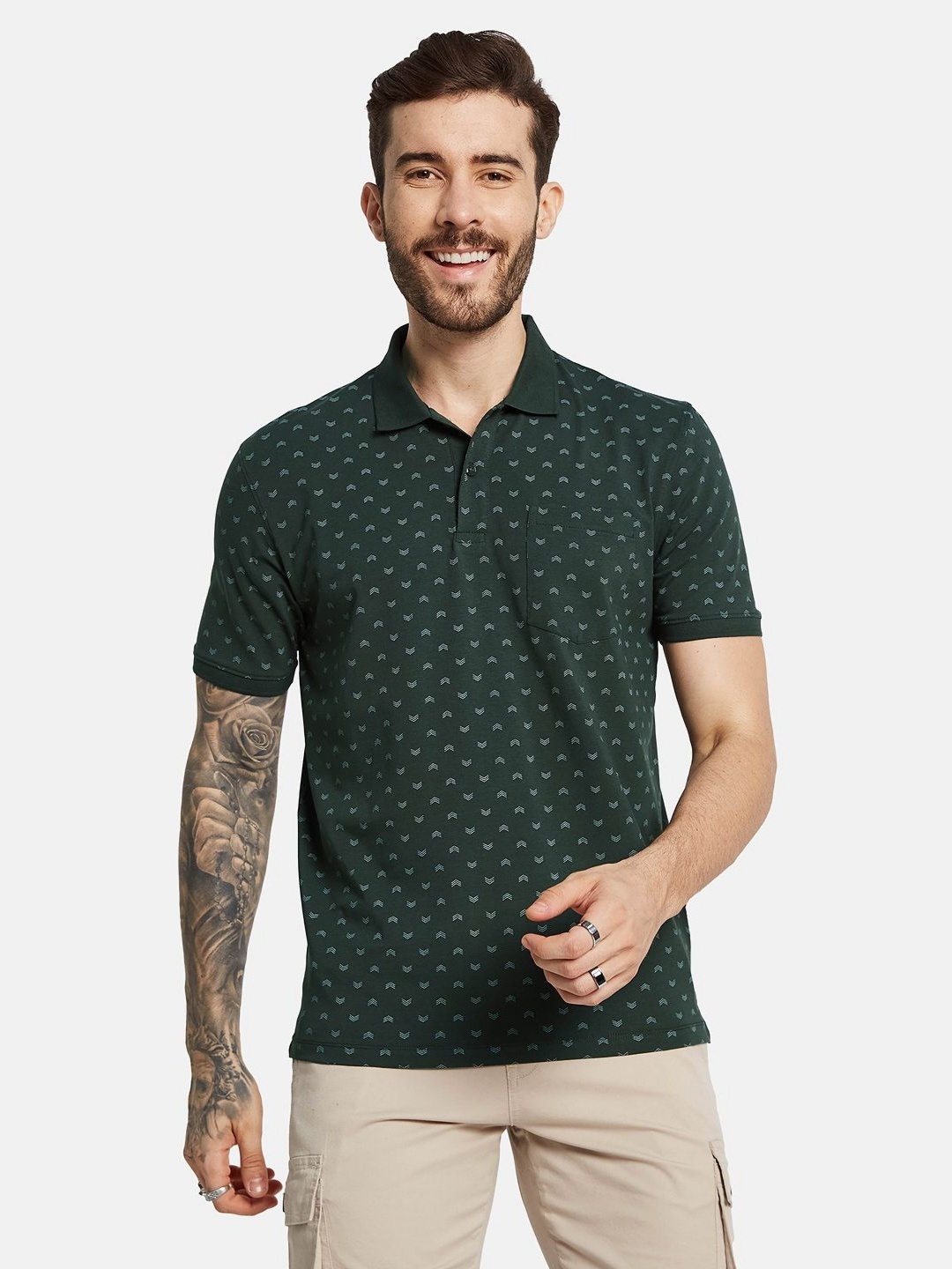 

Octave Men Conversational Printed Polo Collar Pocket T-shirt, Olive