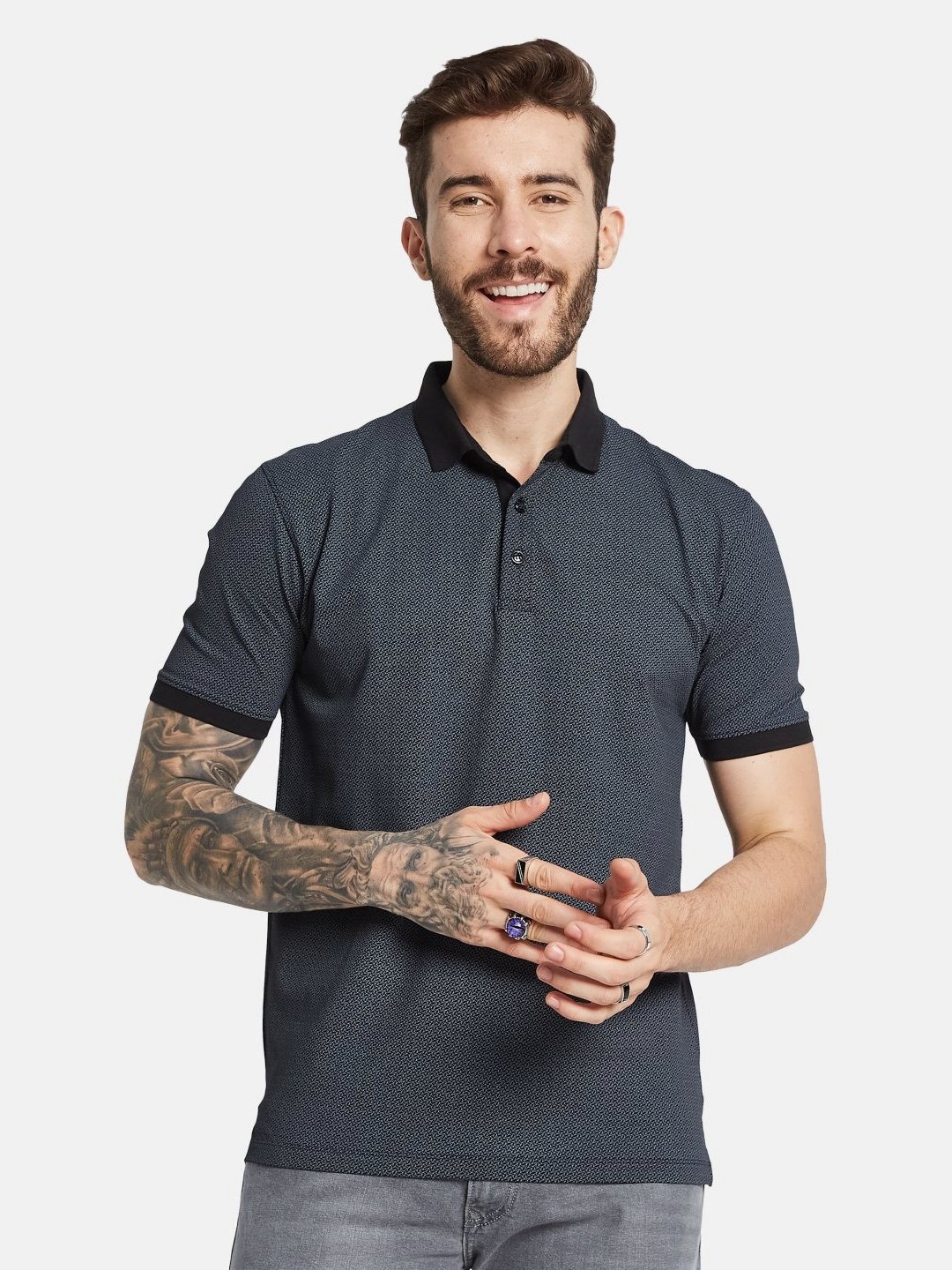 

Octave Men Micro Ditsy Printed Polo Collar T-shirt, Black